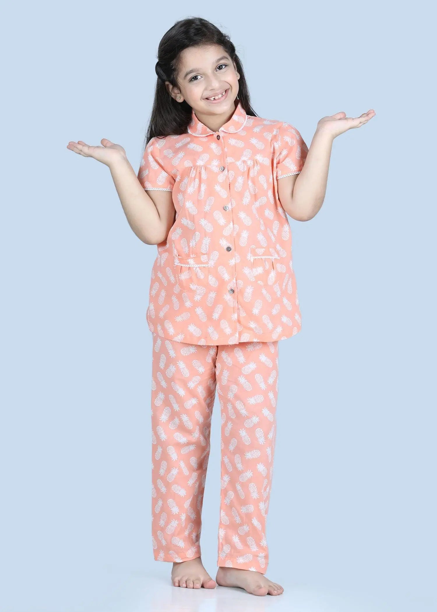 Pineapple Peach Half Sleeves Cotton Nighsuit Girl (1-12 Years)