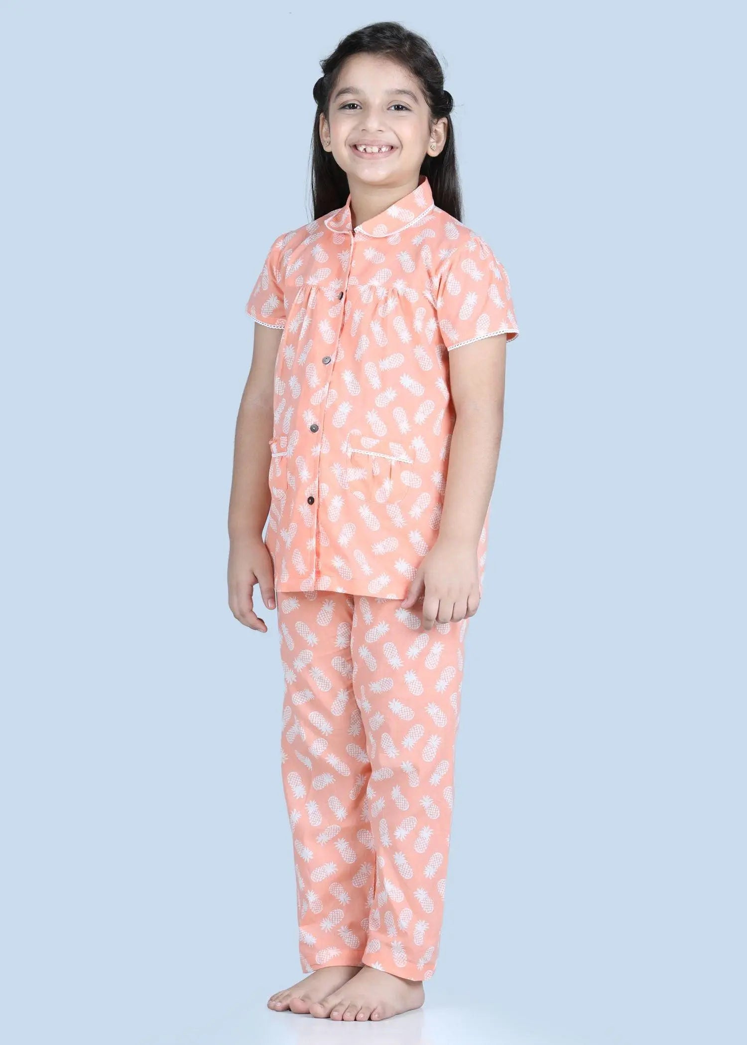 Pineapple Peach Half Sleeves Cotton Nighsuit Girl (1-12 Years)