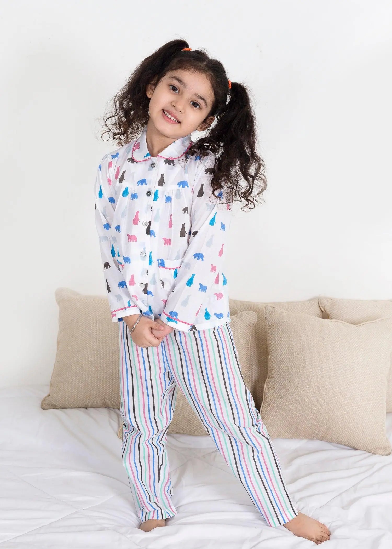 Bear Stripes White/Mint Full Sleeves Cotton Nighsuit Girl (1-14 Years)