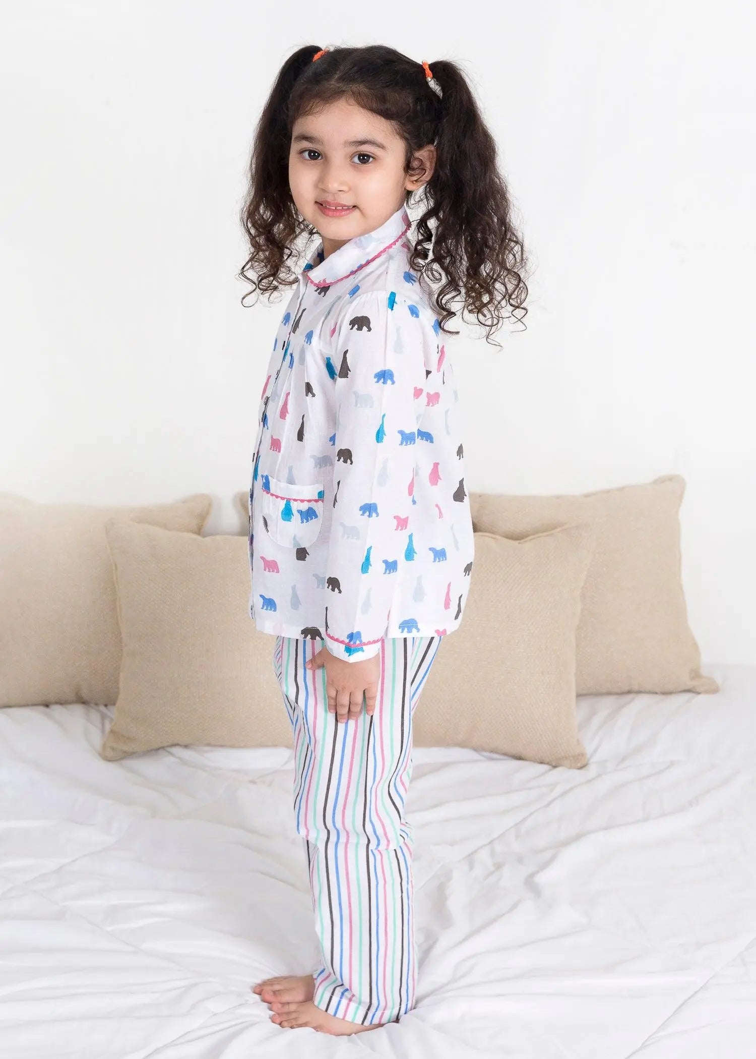 Bear Stripes White/Mint Full Sleeves Cotton Nighsuit Girl (1-14 Years)