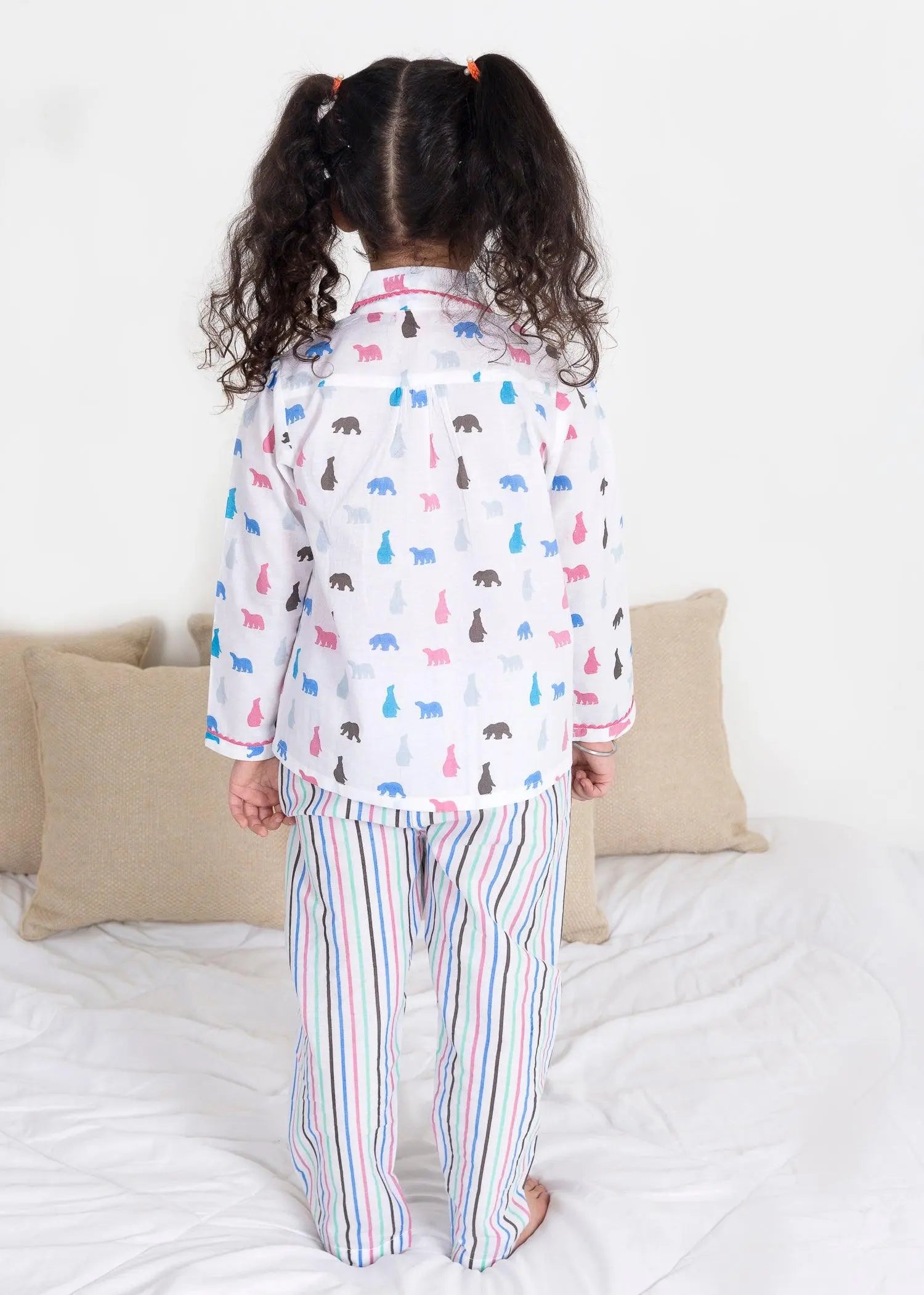 Bear Stripes White/Mint Full Sleeves Cotton Nighsuit Girl (1-14 Years)