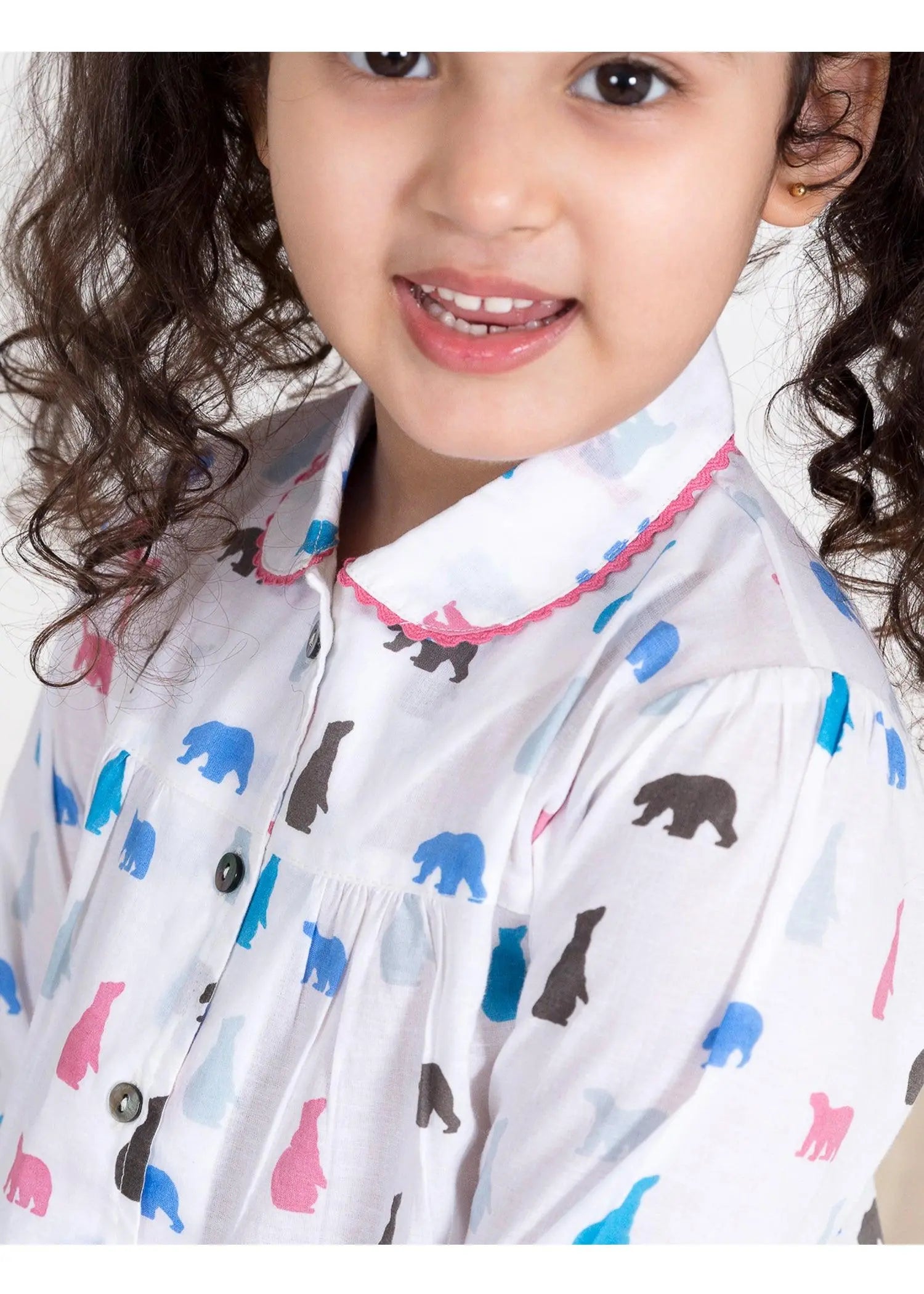 Bear Stripes White/Mint Full Sleeves Cotton Nighsuit Girl (1-14 Years)