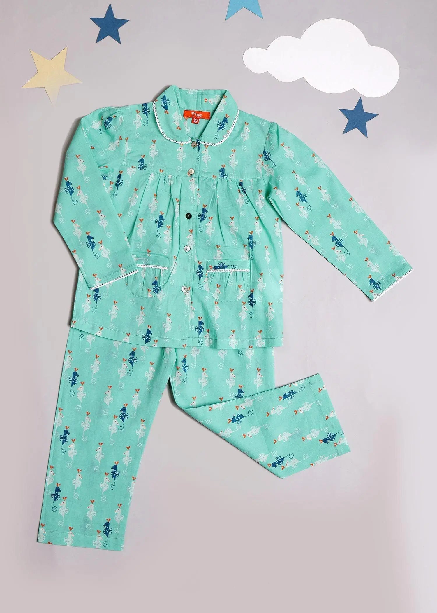 Seahorse Green Full Sleeve Cotton Nighsuit Girl (0-12 Years)