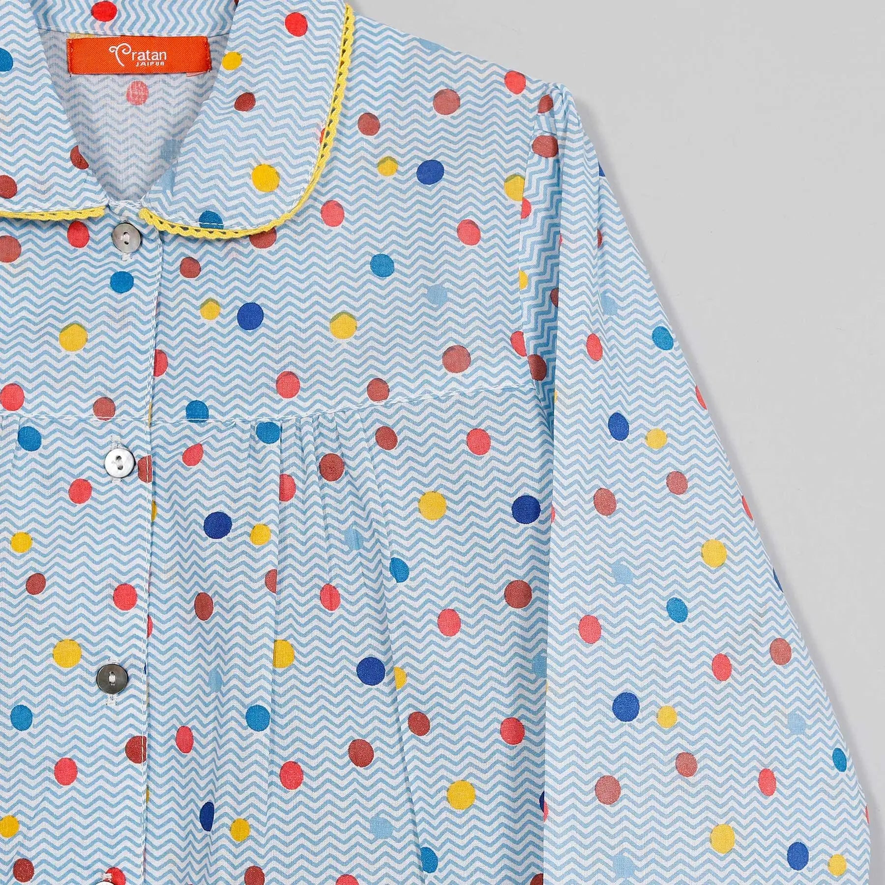 Chevron Dots Blue Full Sleeve Cotton Nightsuit Girl (0-12 Years)