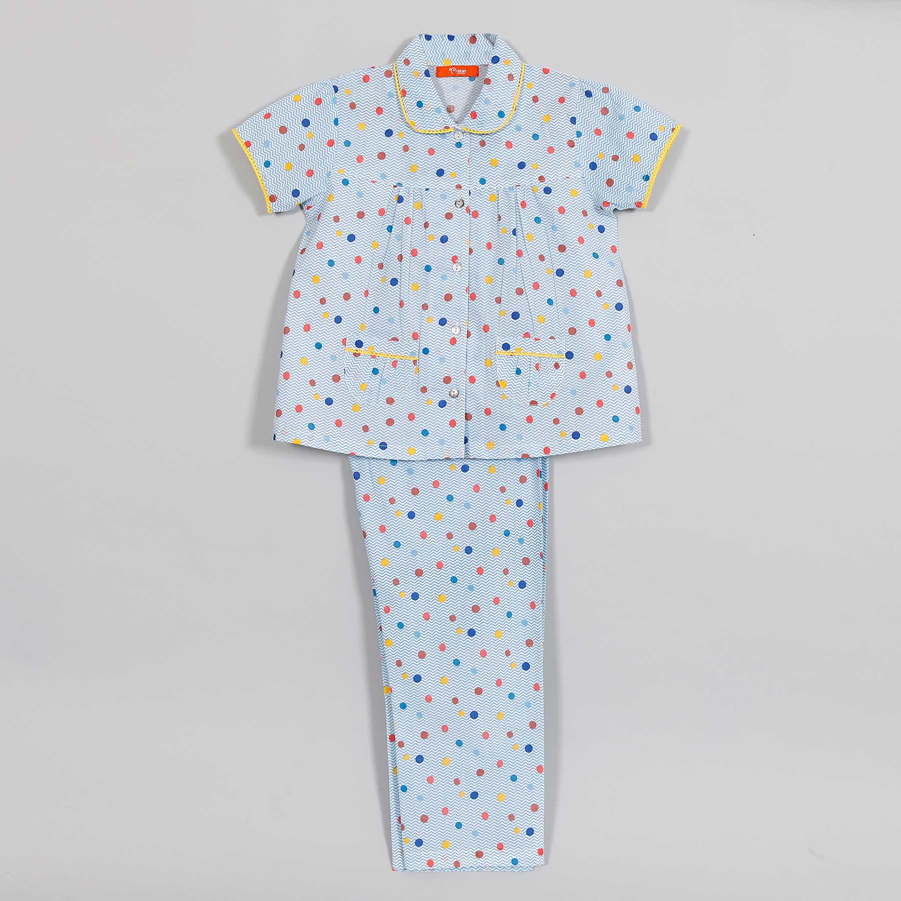 Chevron Dots Blue Half Sleeve Cotton Nightsuit Girl (0-12 Years)