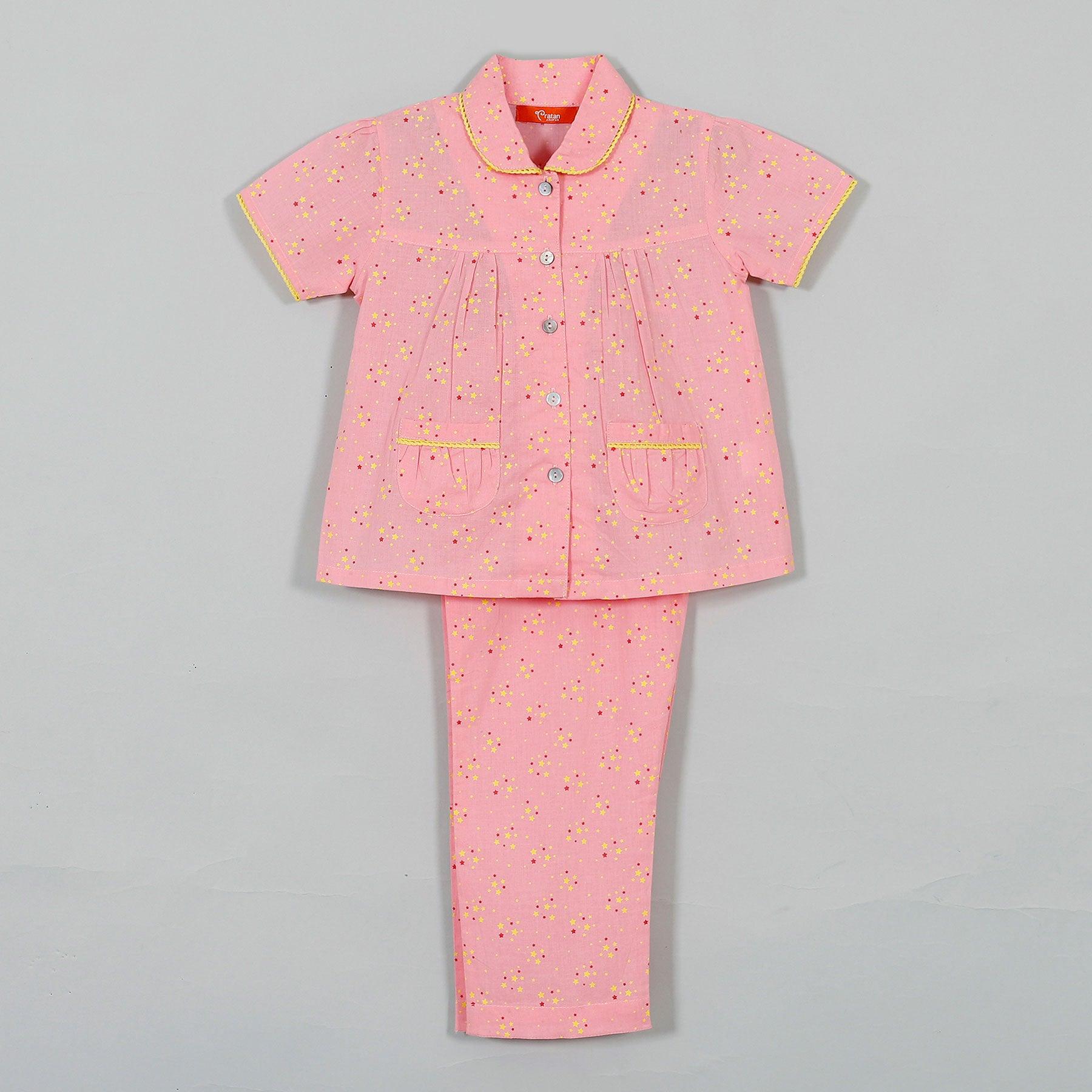 Star Pink Half Sleeve Cotton Nighsuit Girl (0-12 Years)