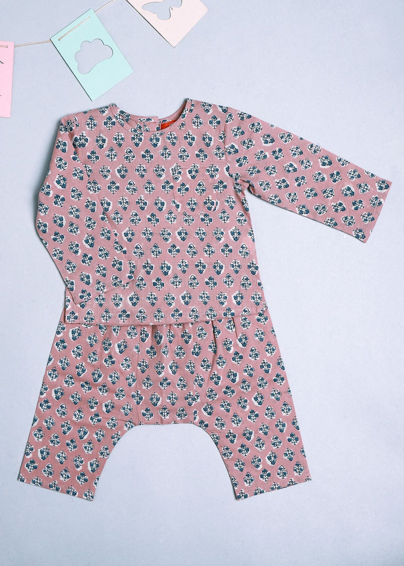 Iris Pink Full Sleeves Cotton Achint Night Suit Set (3-12 Months)