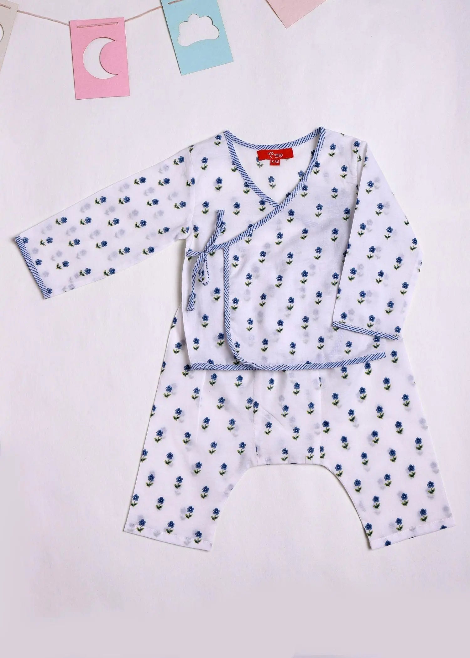 Daisies Blue Full Sleeves Cotton Angrakha Night Suit Set (3-12 Months)