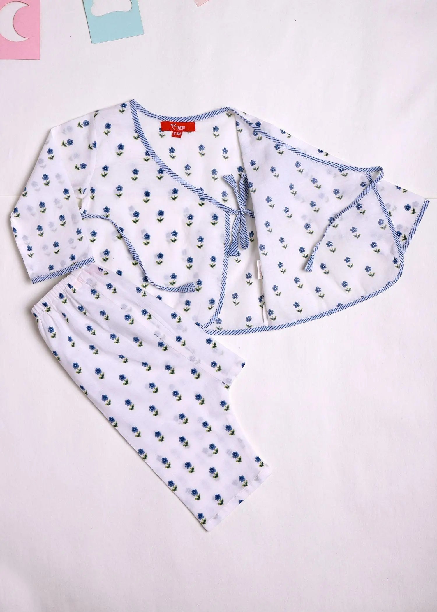 Daisies Blue Full Sleeves Cotton Angrakha Night Suit Set (3-12 Months)