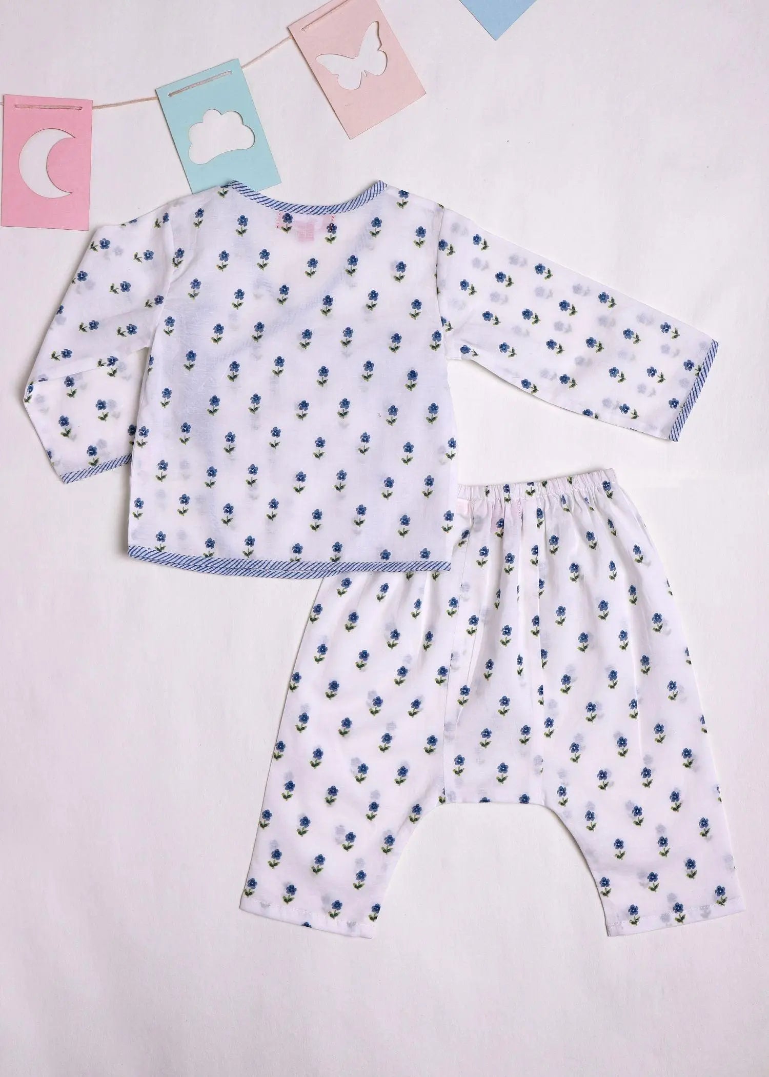 Daisies Blue Full Sleeves Cotton Angrakha Night Suit Set (3-12 Months)