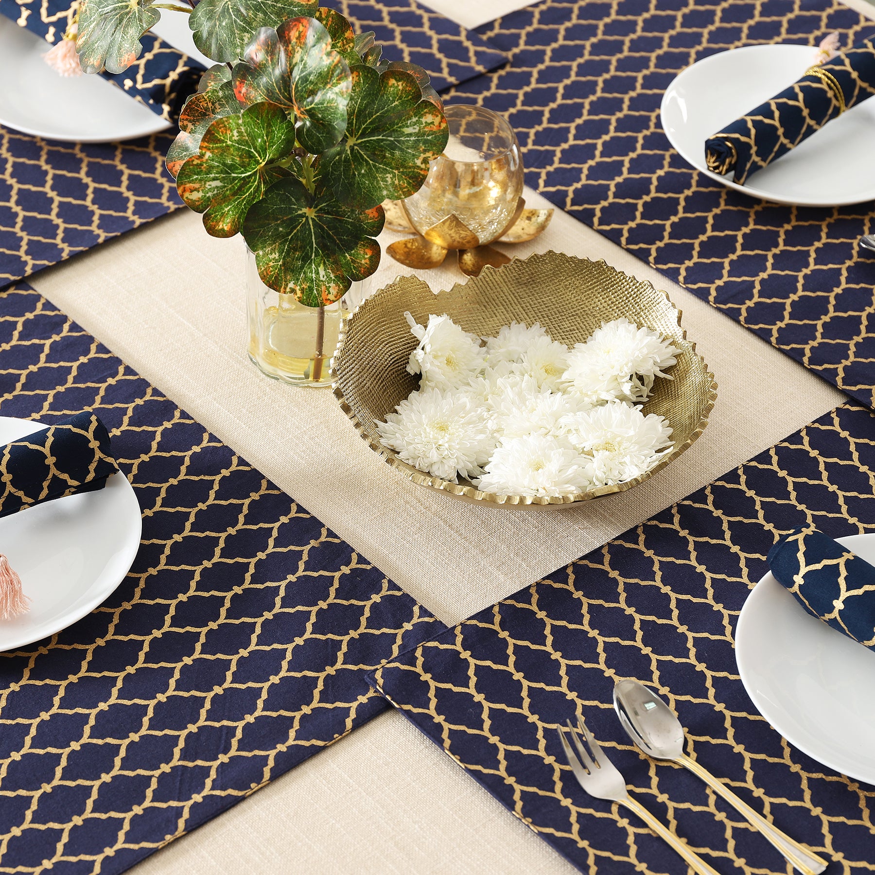 Ozee Jaal Gold & Blue Cotton Table Mat Set of 6