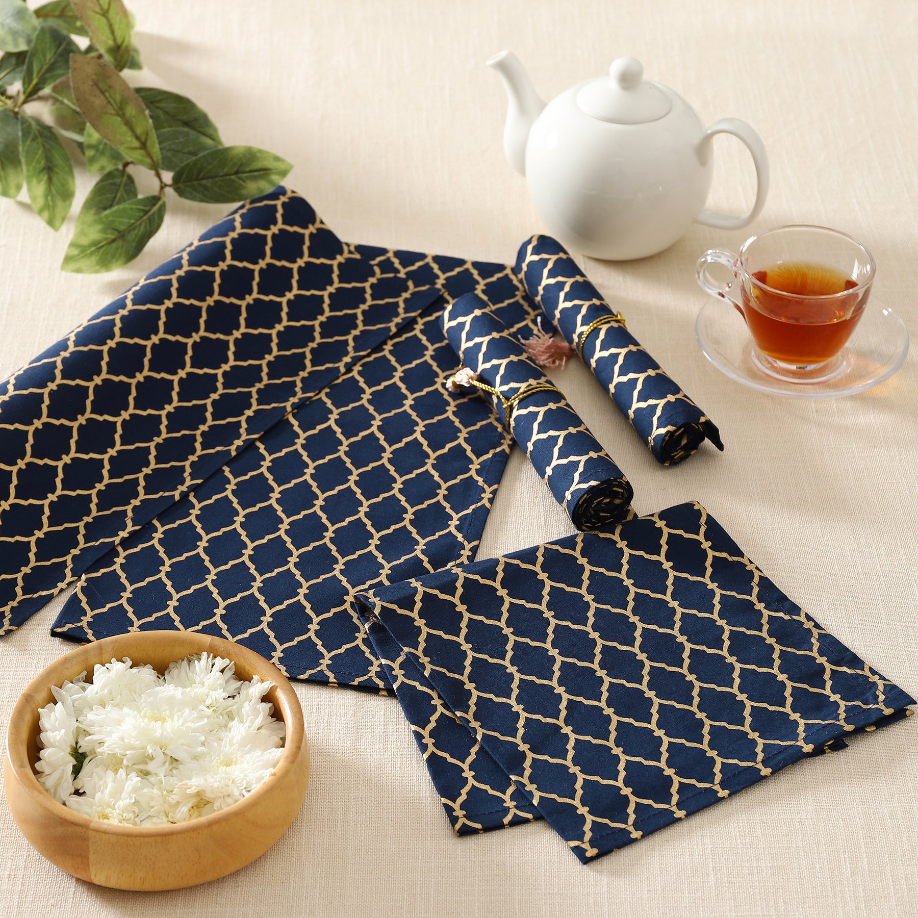 Ozee Jaal Gold & Blue Cotton Napkin Set of 6