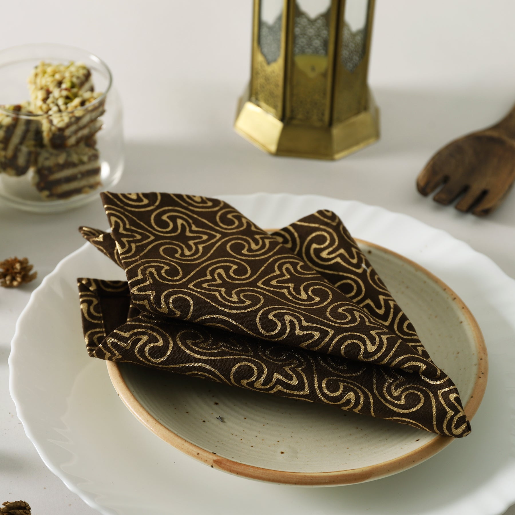 Panache Gold & Brown Cotton Cocktail Napkin Set of 6