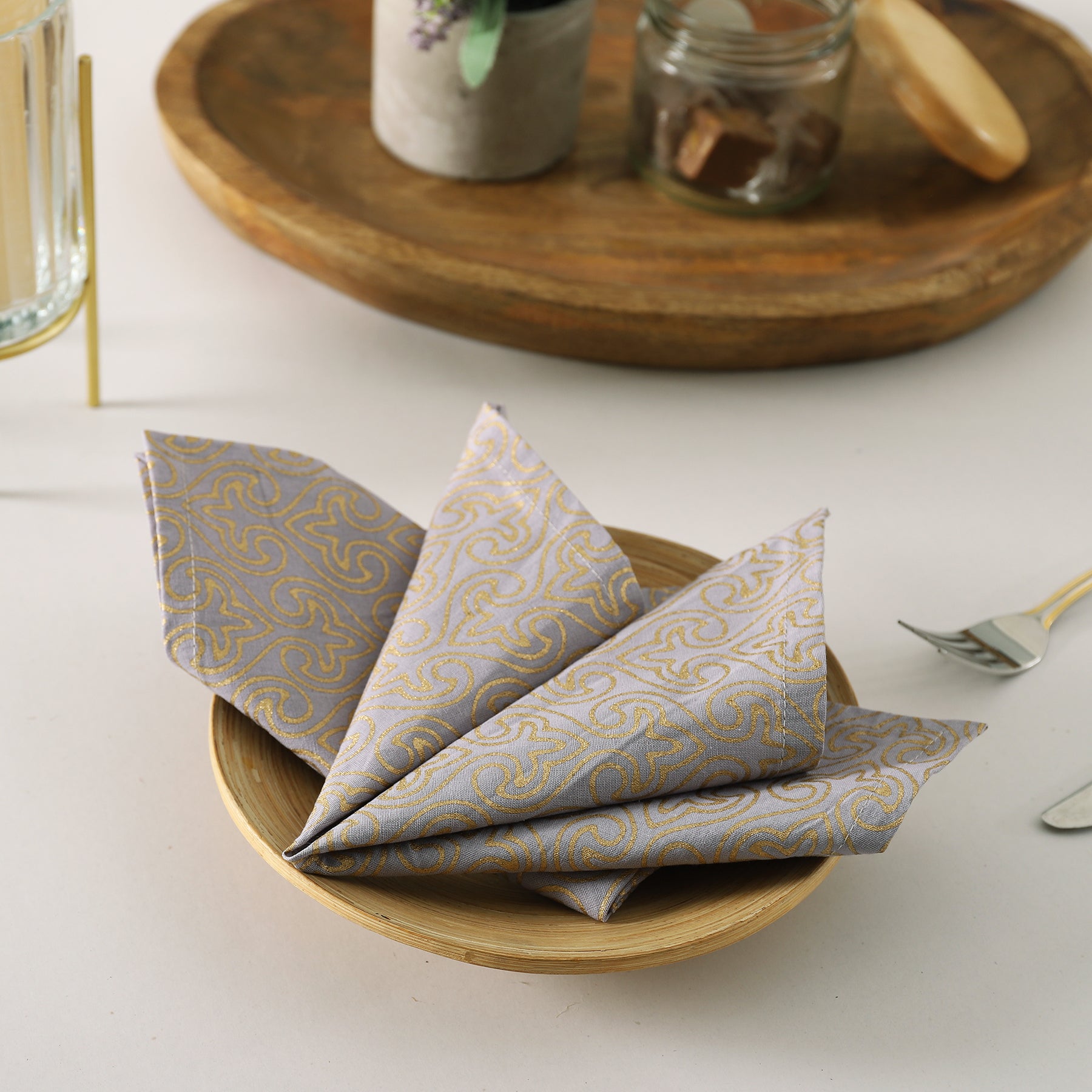 Panache Gold & Lilac Cotton Cocktail Napkin Set of 6