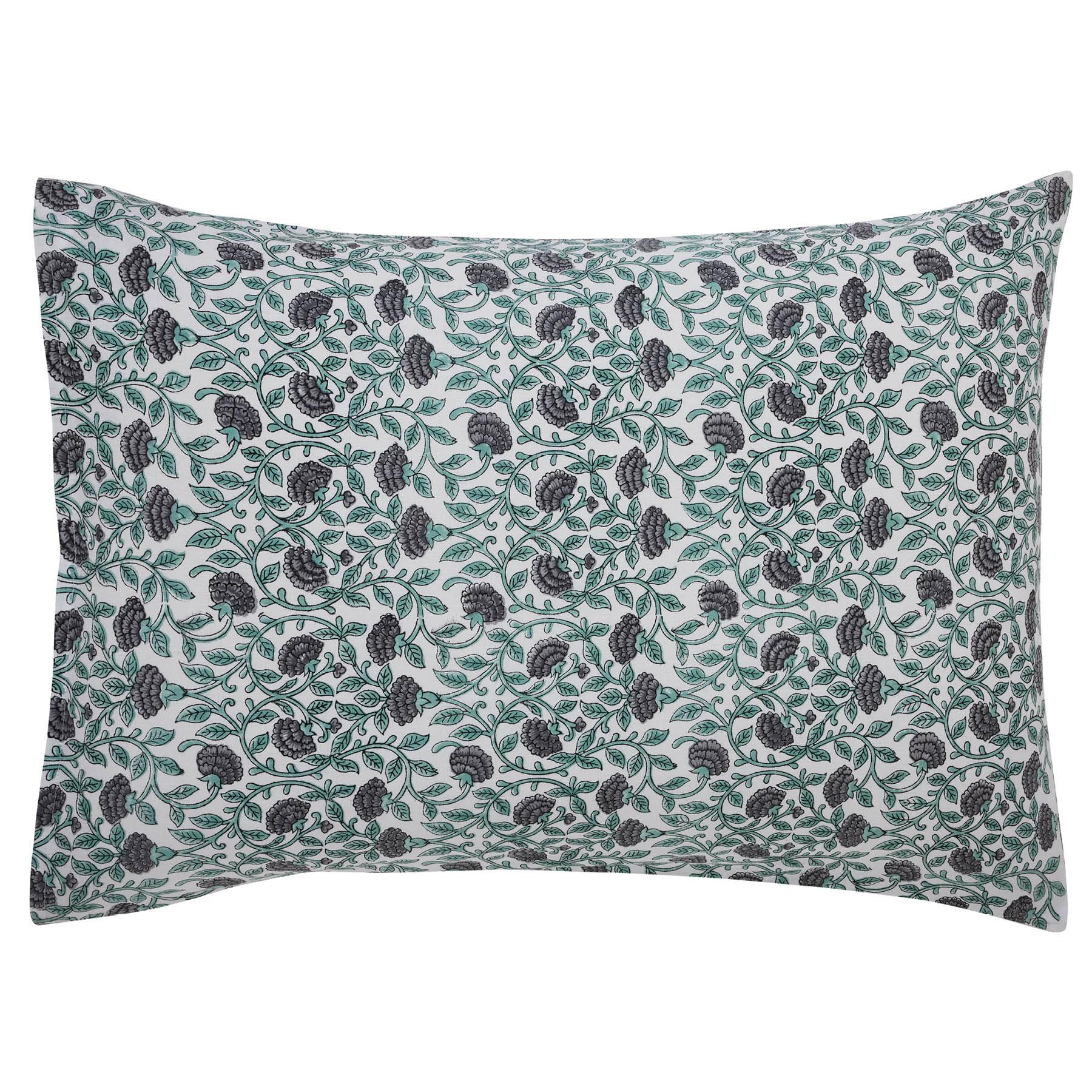 Gulmarg Sea Green & Grey Hand Block Printed Cotton Pillow Cover