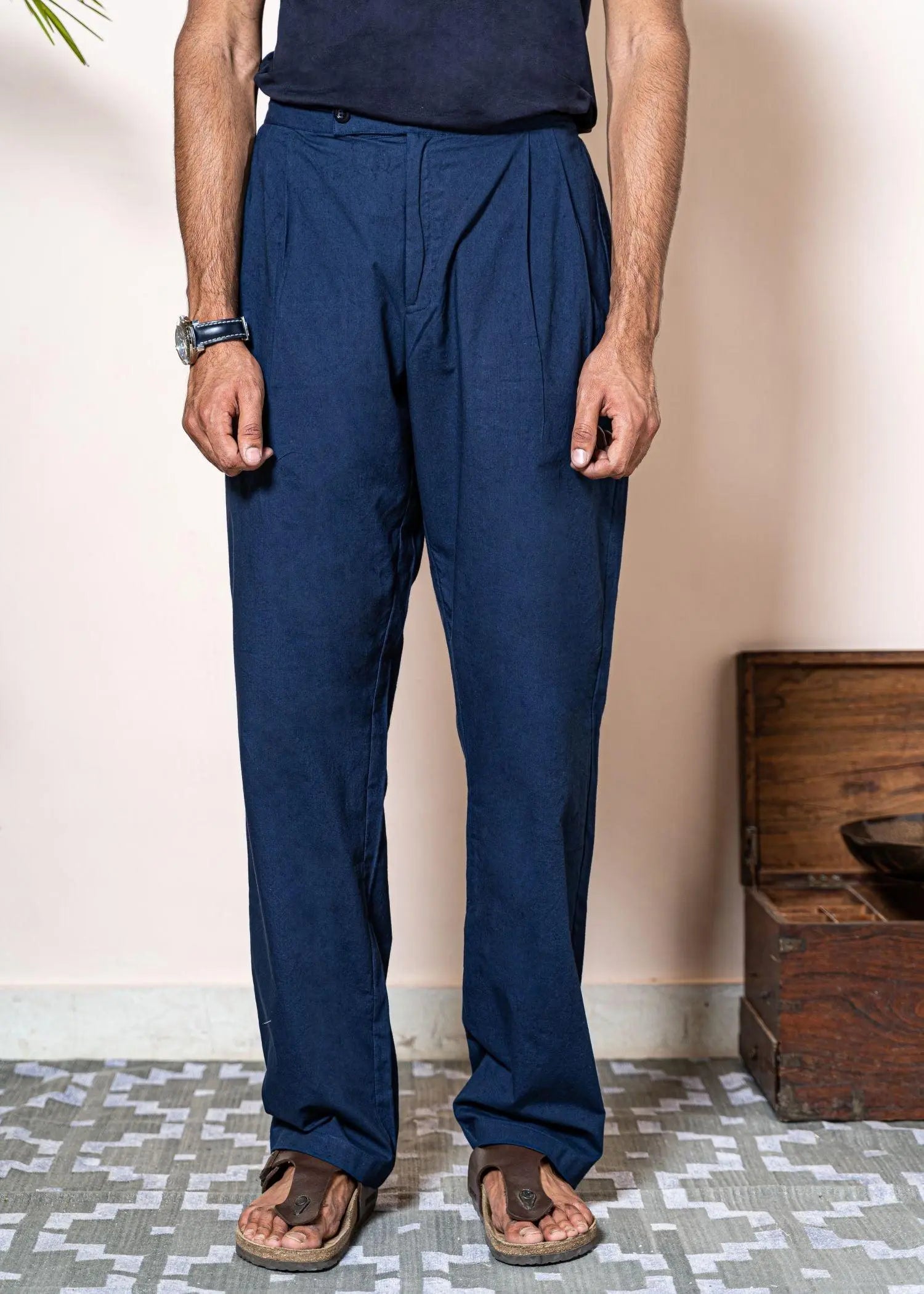 Solid Navy Cotton Straight Pyjama