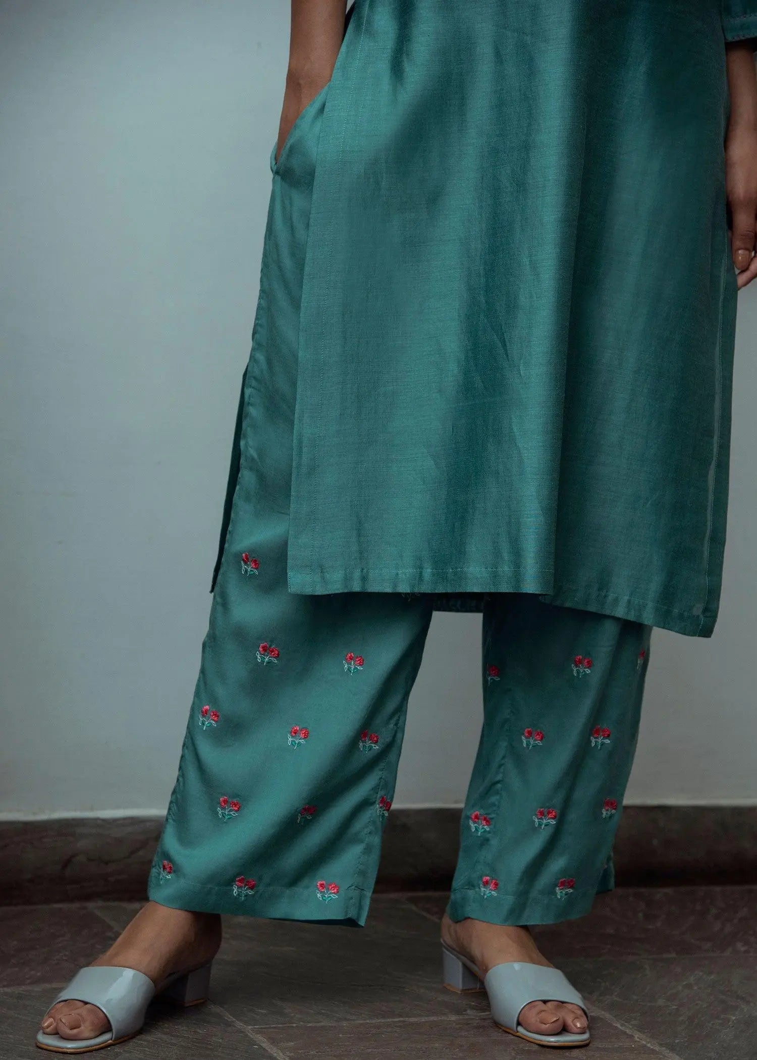 Puja Teal Embroidered Straight Pants