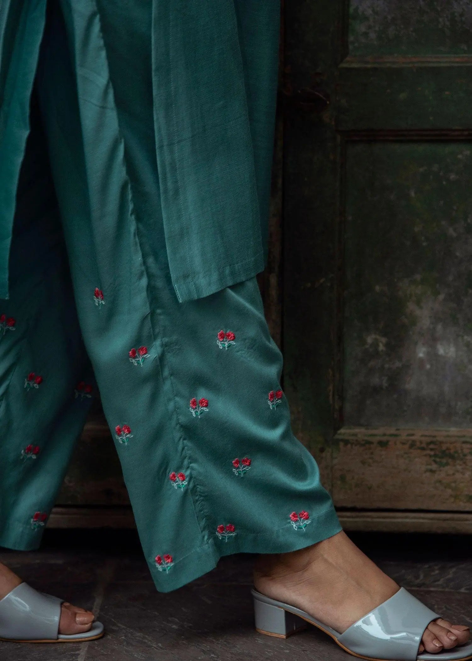 Puja Teal Embroidered Straight Pants