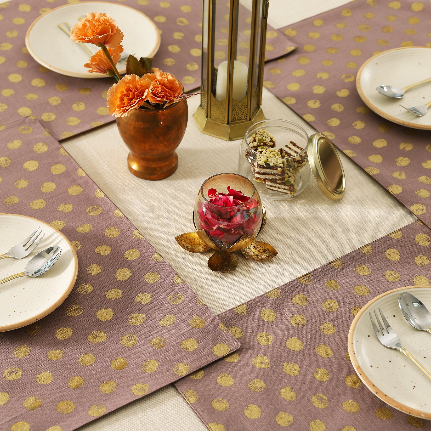 Polka Dot Gold & Brown Cotton Table Mat Set of 6