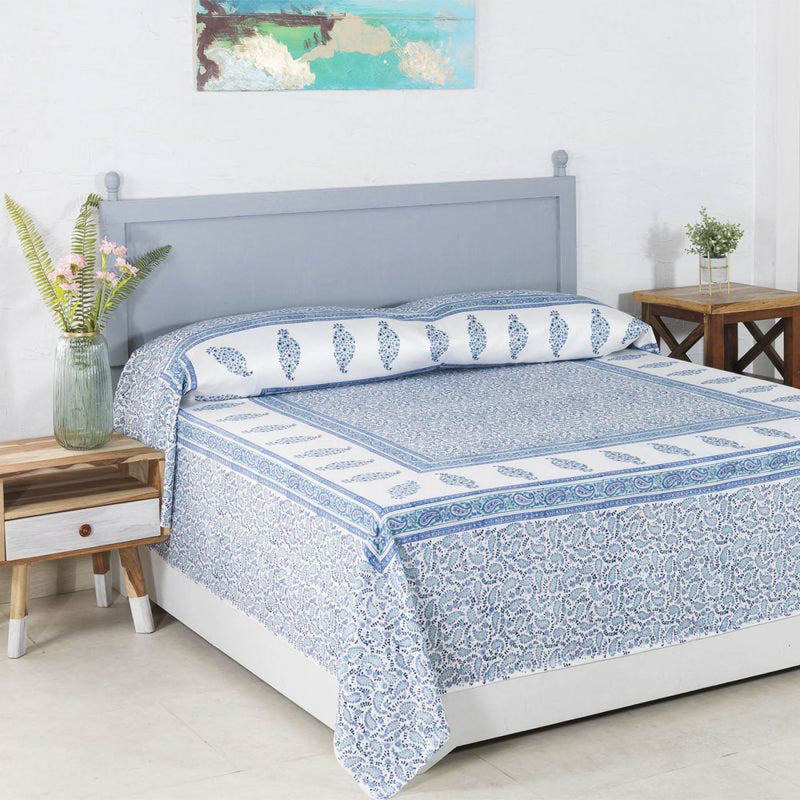 Pineapple Paisley Blue Hand Block Print Glace Cotton Bed Cover