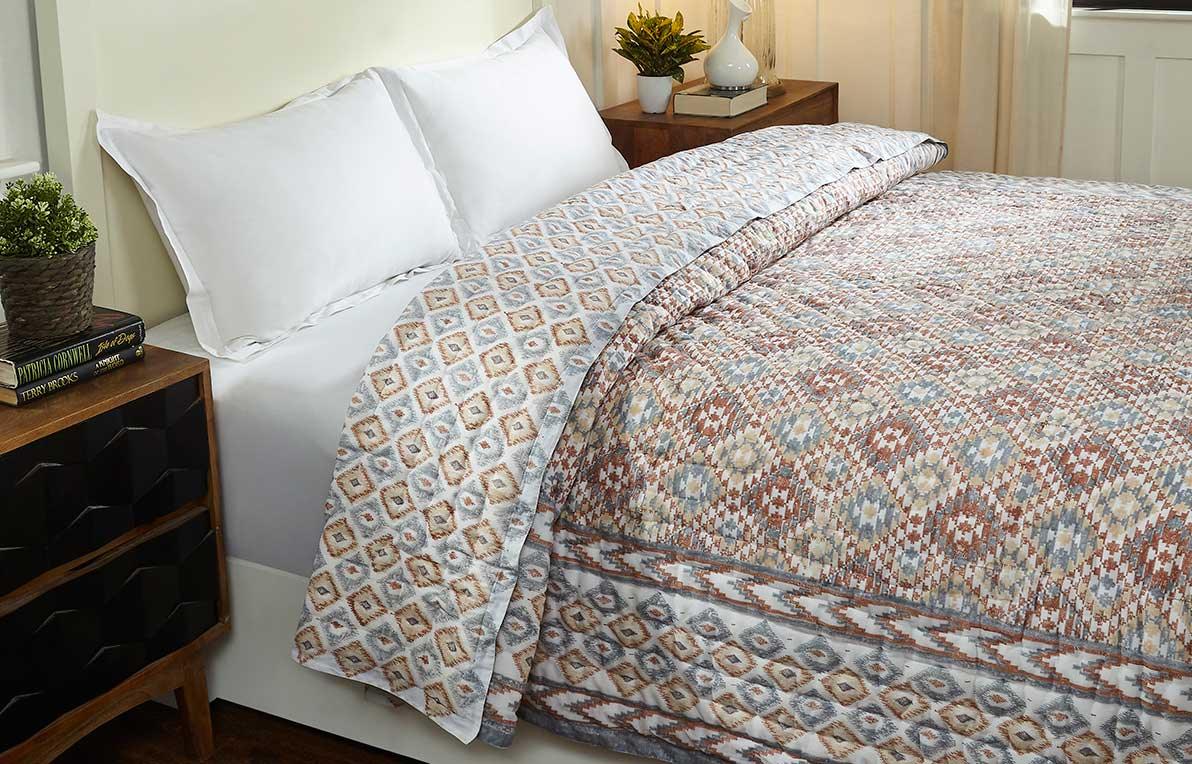 Pochampally Ikat Grey and Brown Hand Block Print Cotton Quilt