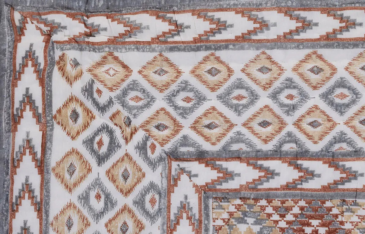 Pochampally Ikat Grey and Brown Hand Block Print Extra Cotton Filling Quilt