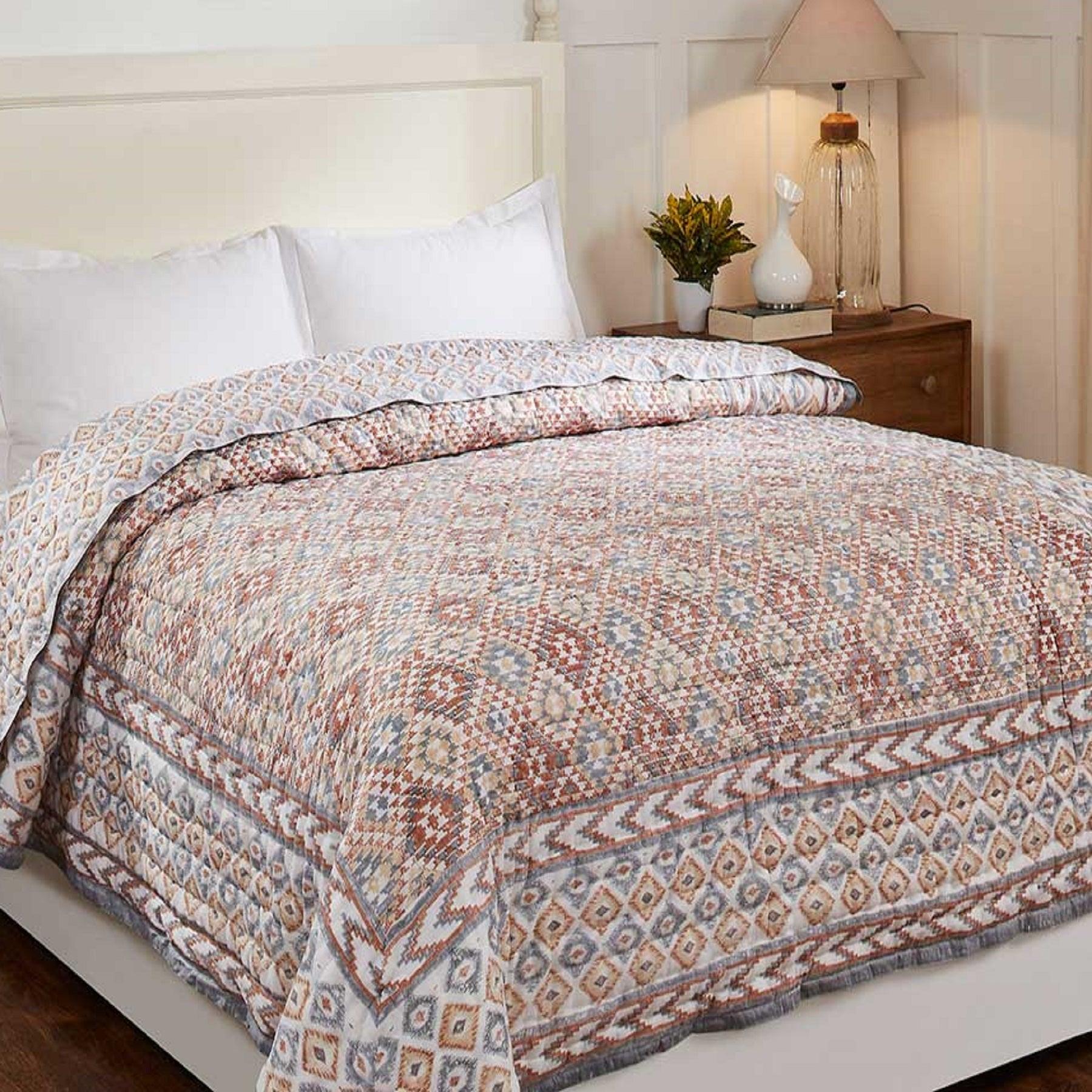 Pochampally Ikat Grey and Brown Hand Block Print Cotton Quilt