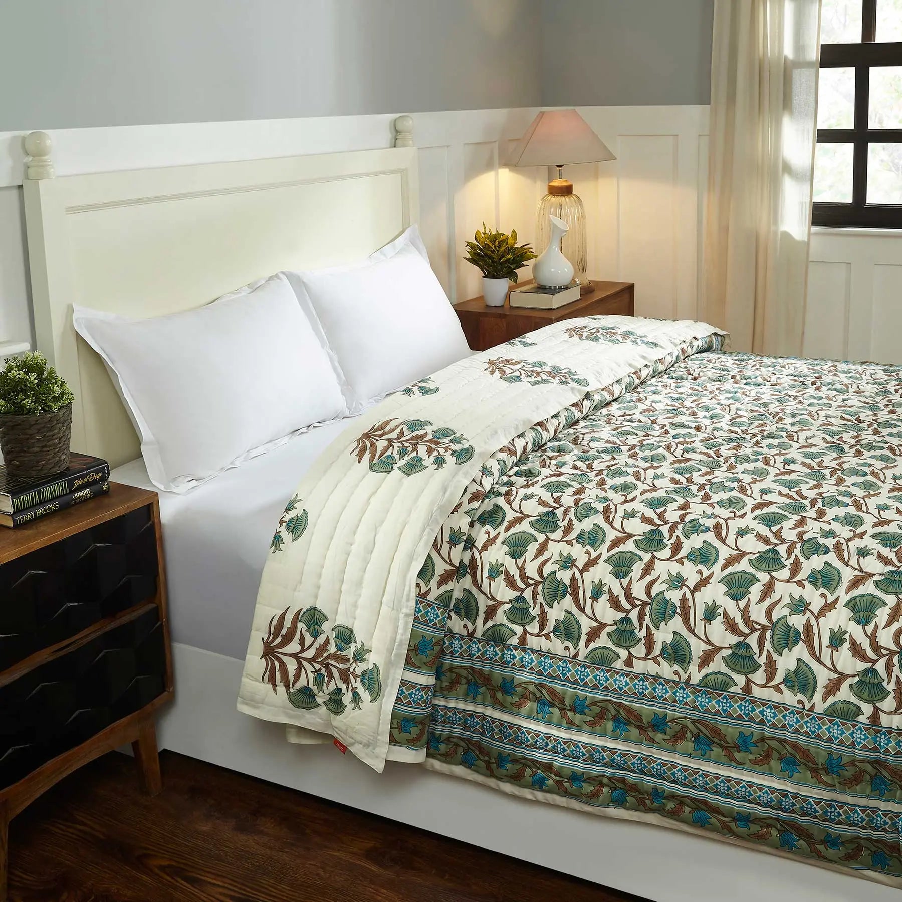 Ummed Jaal Green and Teal Hand Block Print Extra Cotton Filling Quilt