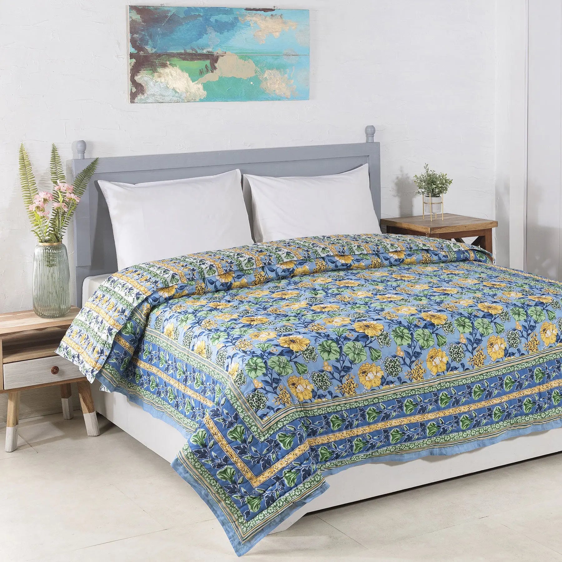 Bahaar Blue Screen Print Cotton AC Quilt