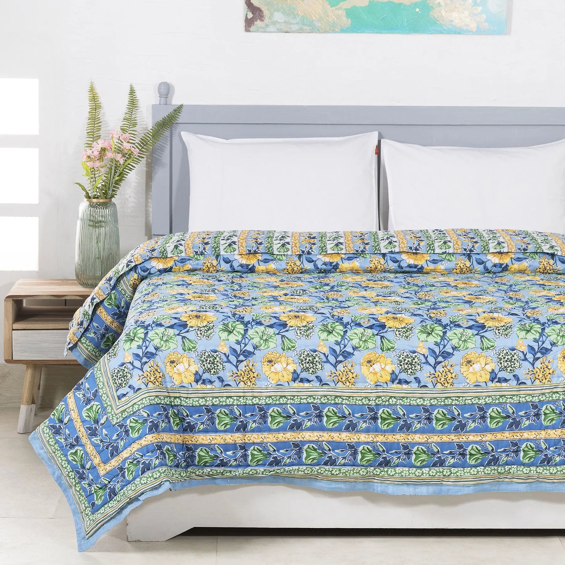 Bahaar Blue Screen Print Cotton AC Quilt