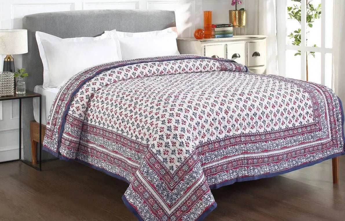 Elegance Pink and Blue Hand Block Print Cotton Quilt