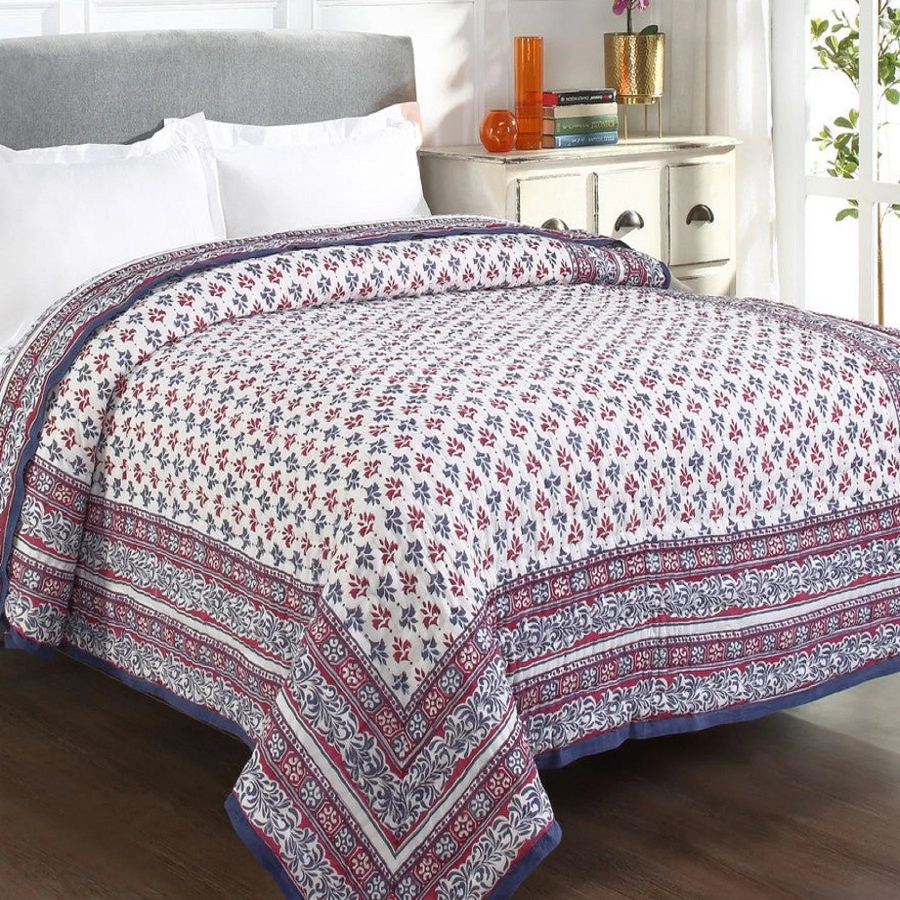 Elegance Pink and Blue Hand Block Print Extra Cotton Filling Quilt