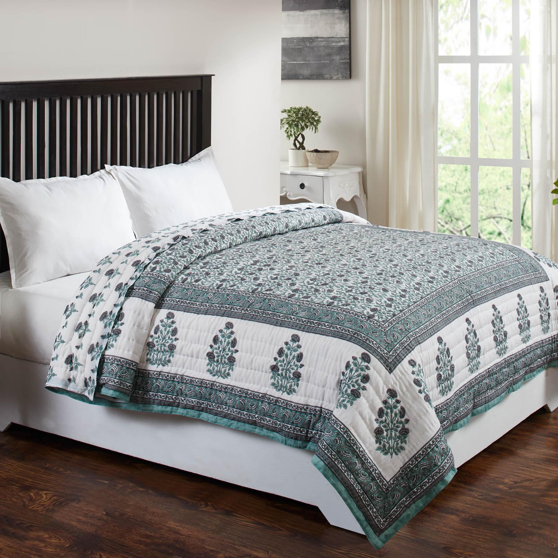 Gulmarg Sea Green & Grey Hand Block Printed Cotton AC Quilt