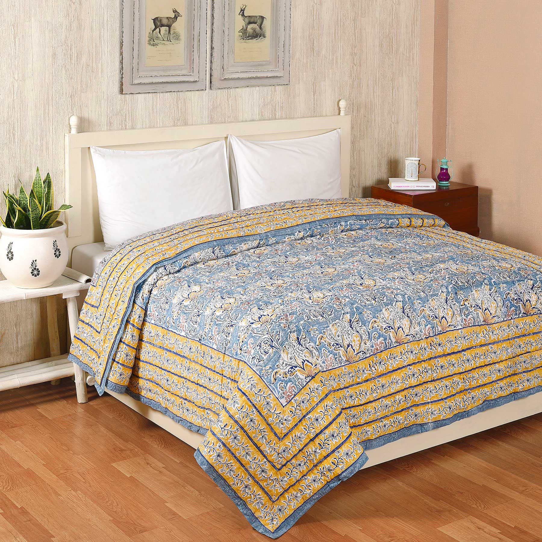 Vatika Flower Blue Hand Block Print Extra Cotton Filling Quilt