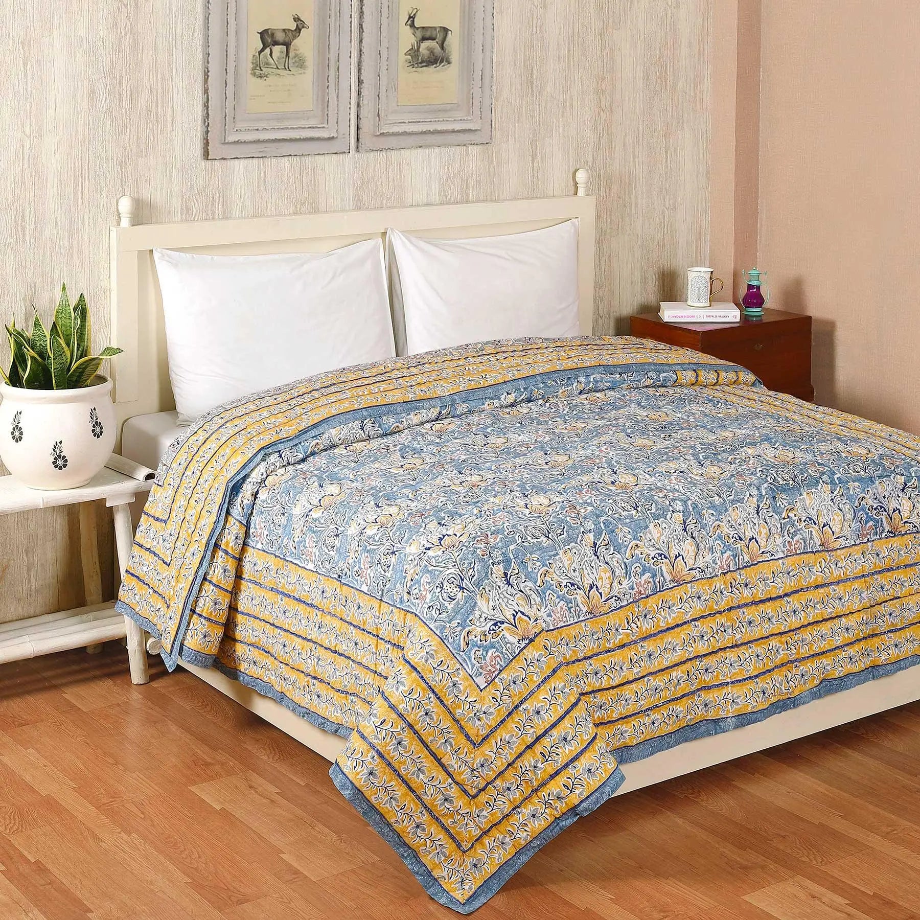 Vatika Flower Blue Hand Block Print Cotton AC Quilt