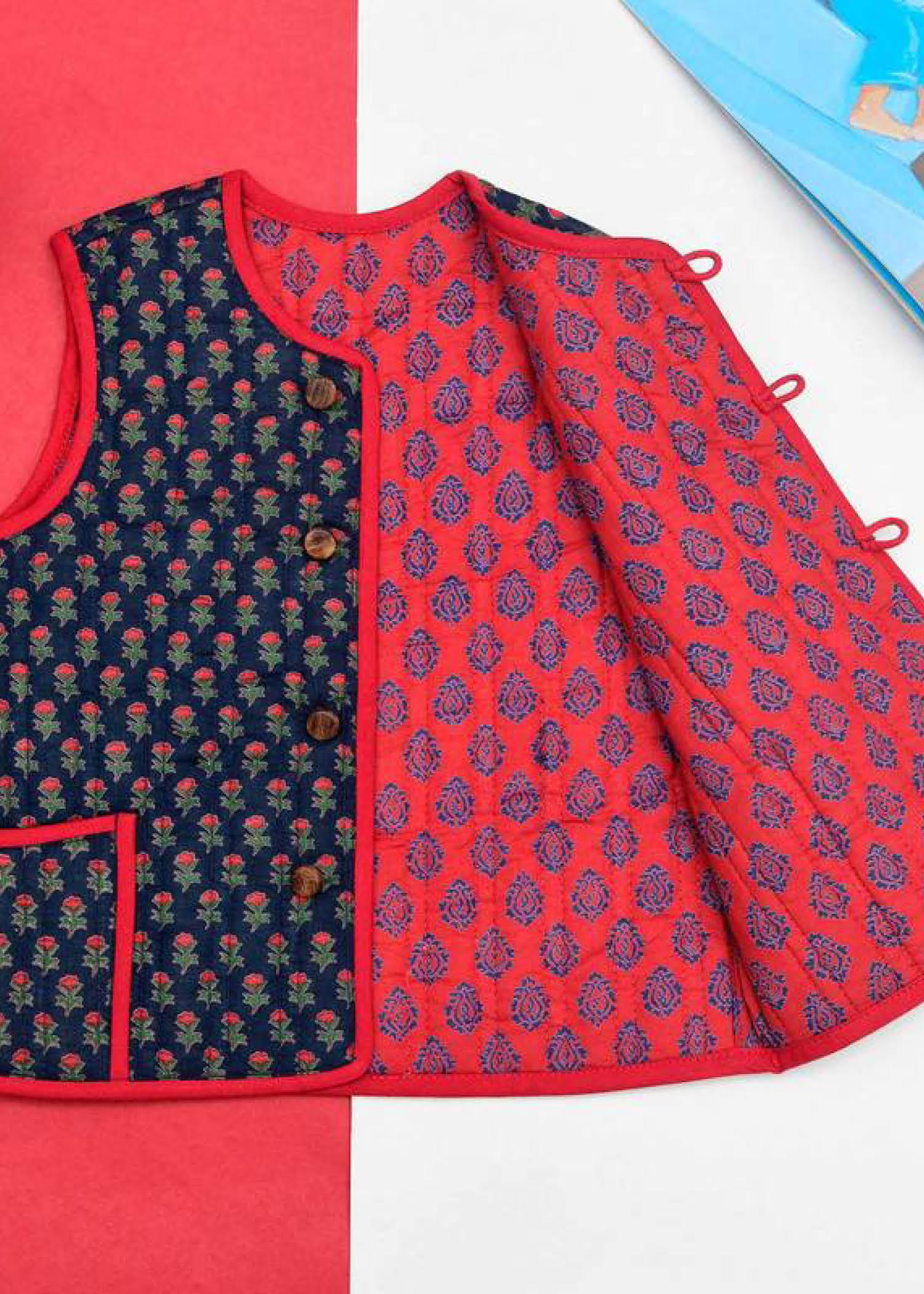 Red And Blue Quilted 100% Cotton Reversible Bundi Unisex (0-12 Years)