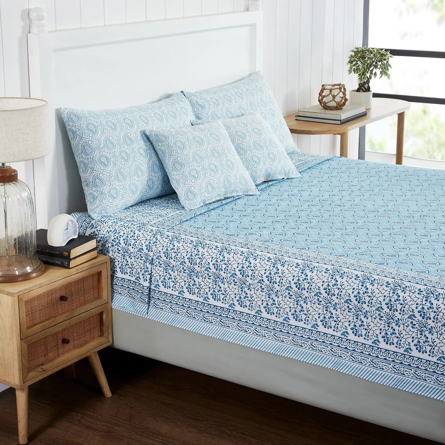 Paisley Floral Blue Hand Screen Print Cotton Bedcover