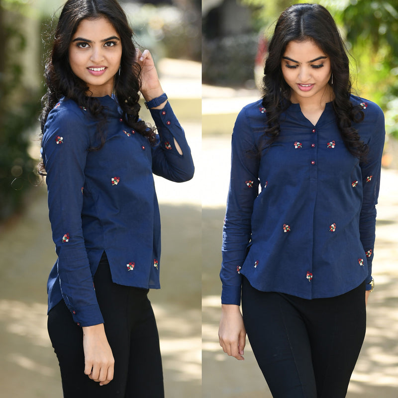 Snigdha Blue Emobroidered Cotton Shirt