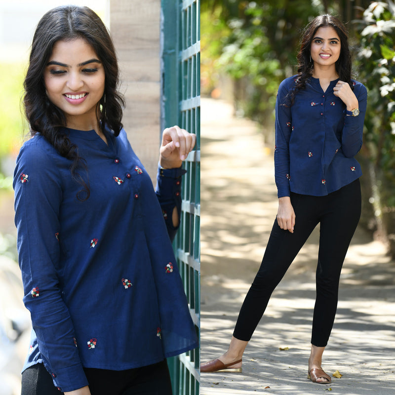 Snigdha Blue Emobroidered Cotton Shirt