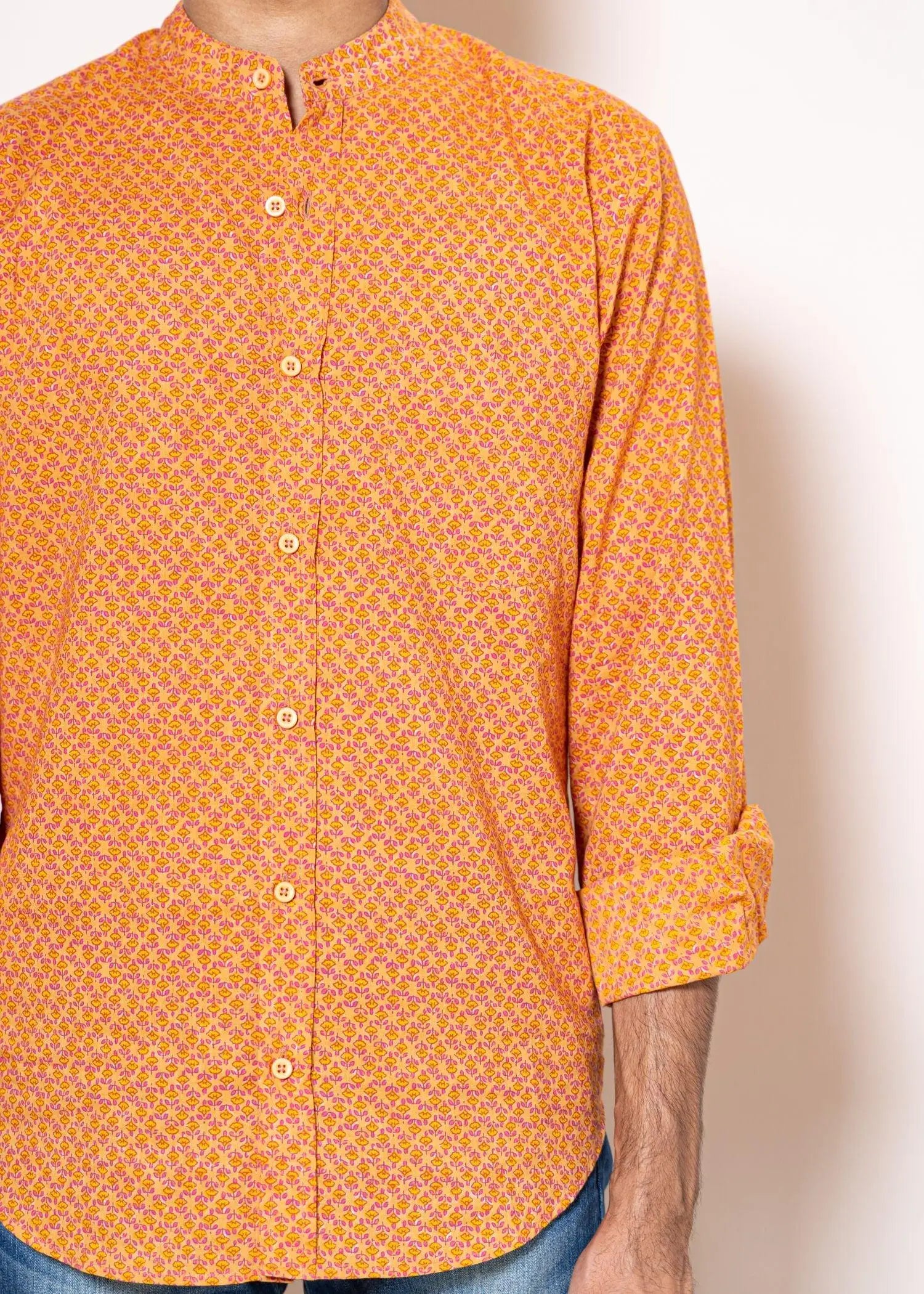 Mini Bloom Saffron Cotton Chinese Collar Full Sleeves Shirt