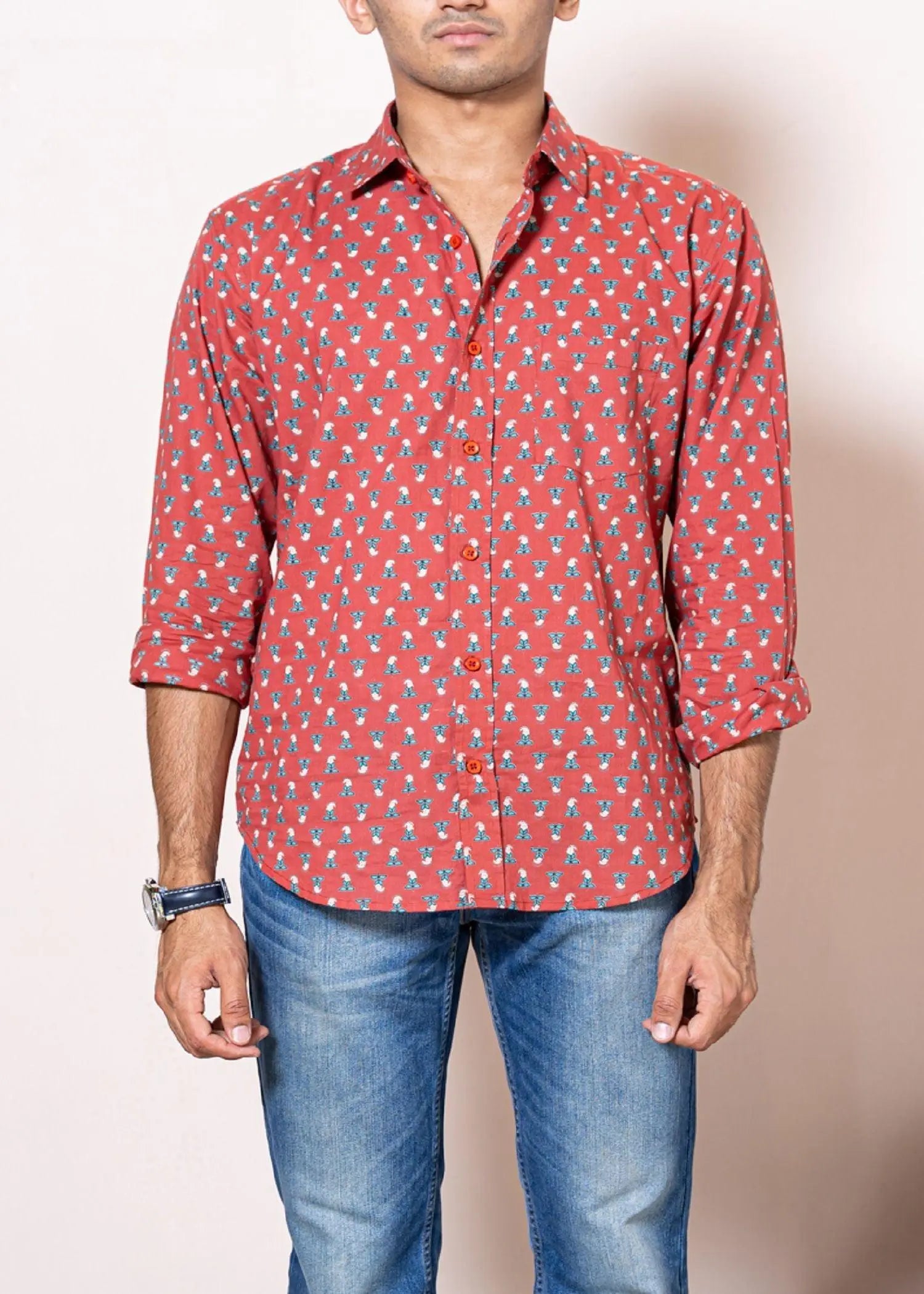 Elaichi Buti Mineral Red Cotton Full Sleeves Shirt