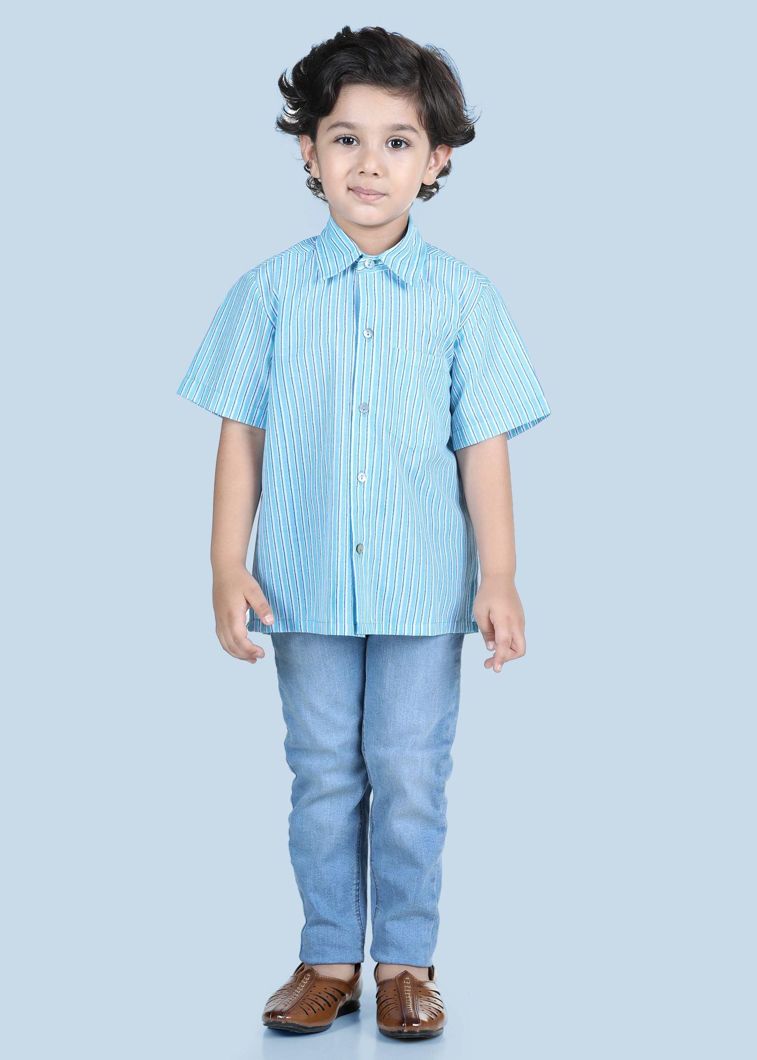 SHIRT HALF SLEEVES BOYS  STRIPS BLUE COTTON (2 to 12 Years)