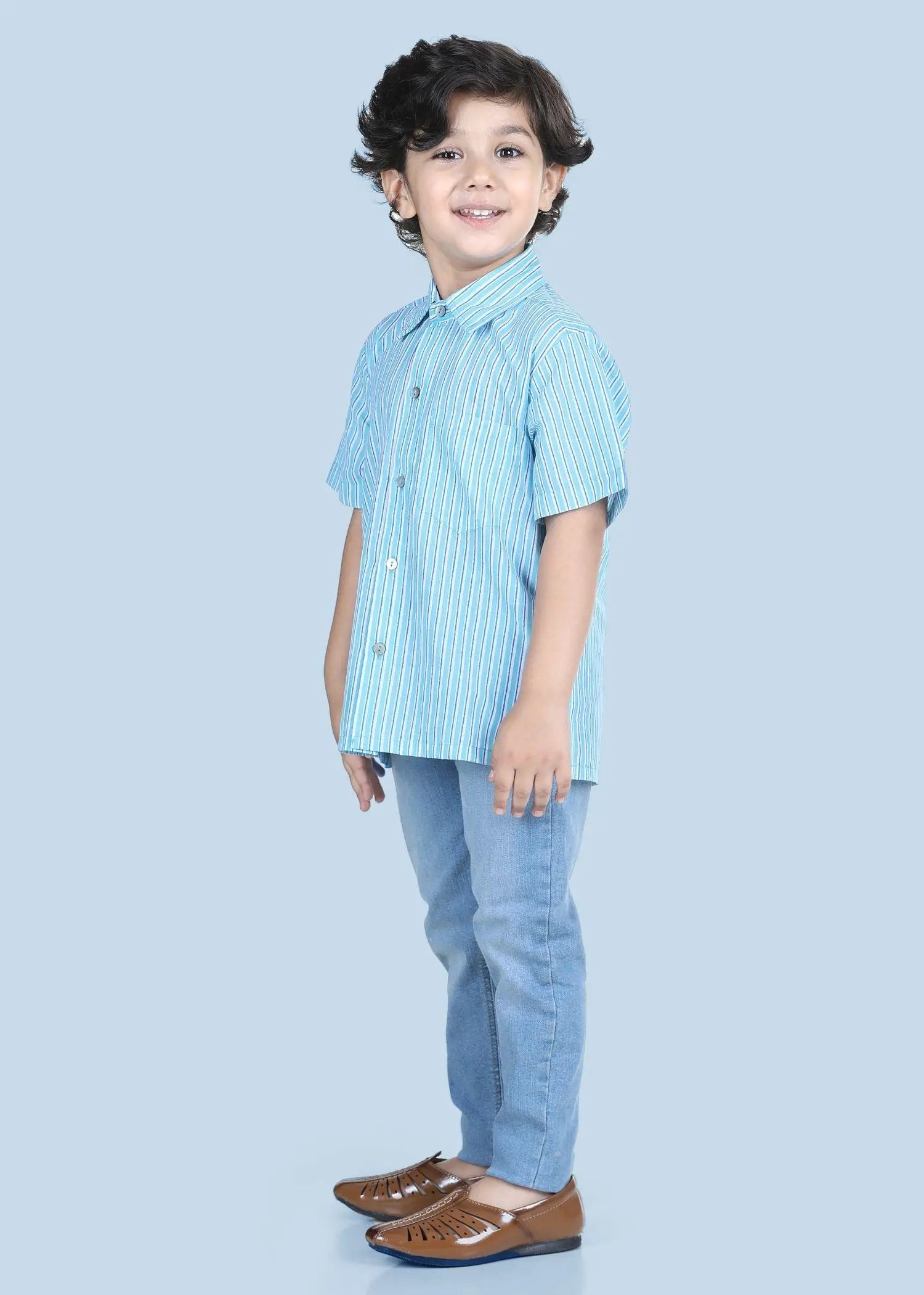 SHIRT HALF SLEEVES BOYS  STRIPS BLUE COTTON (2 to 12 Years)