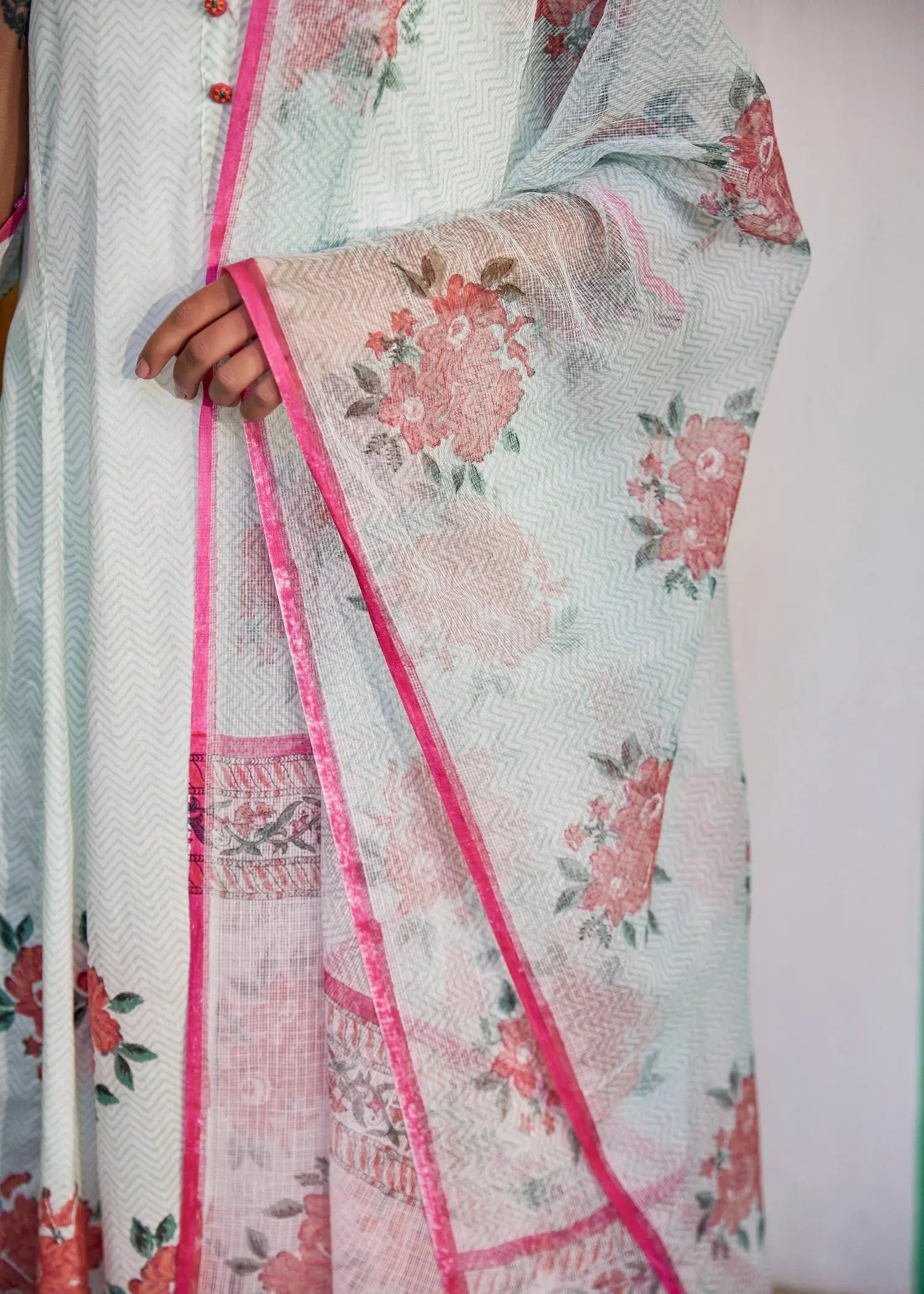 White/Pink Kota Doria Dupatta