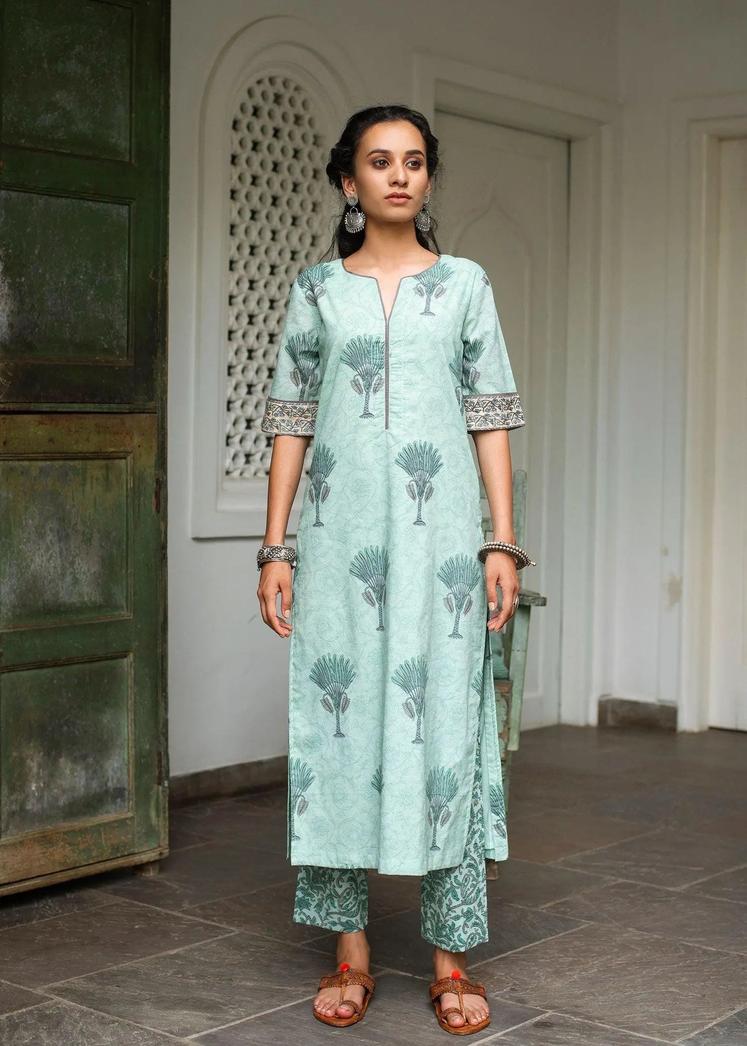 Mint Block Print Cotton Suit Set