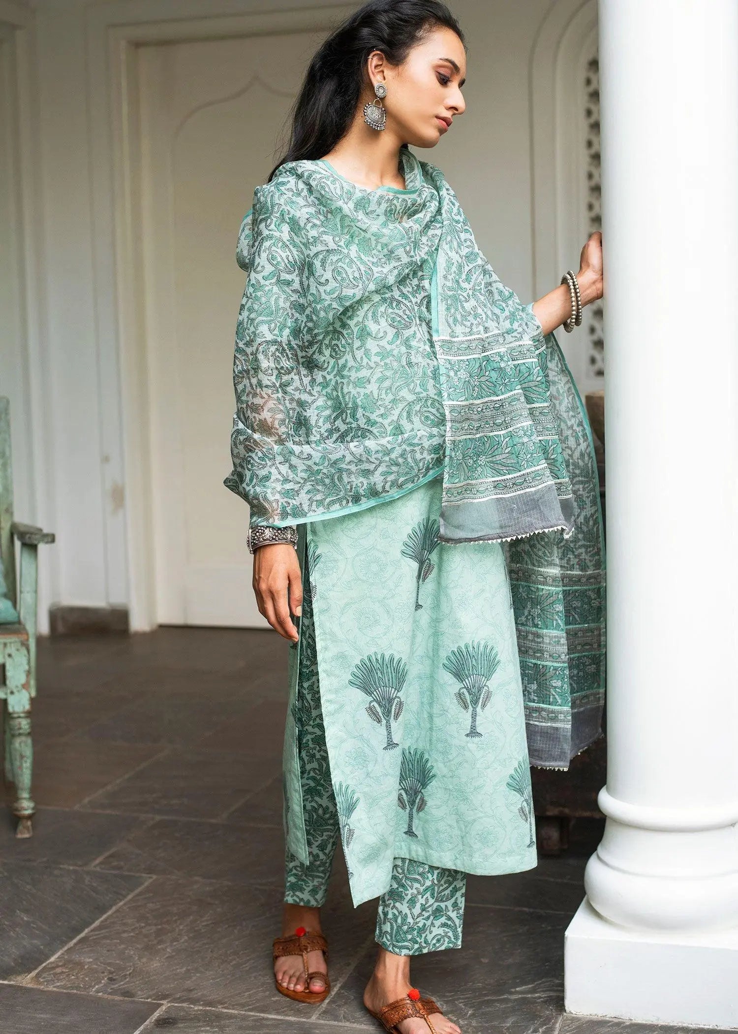 Mint Block Print Cotton Suit Set