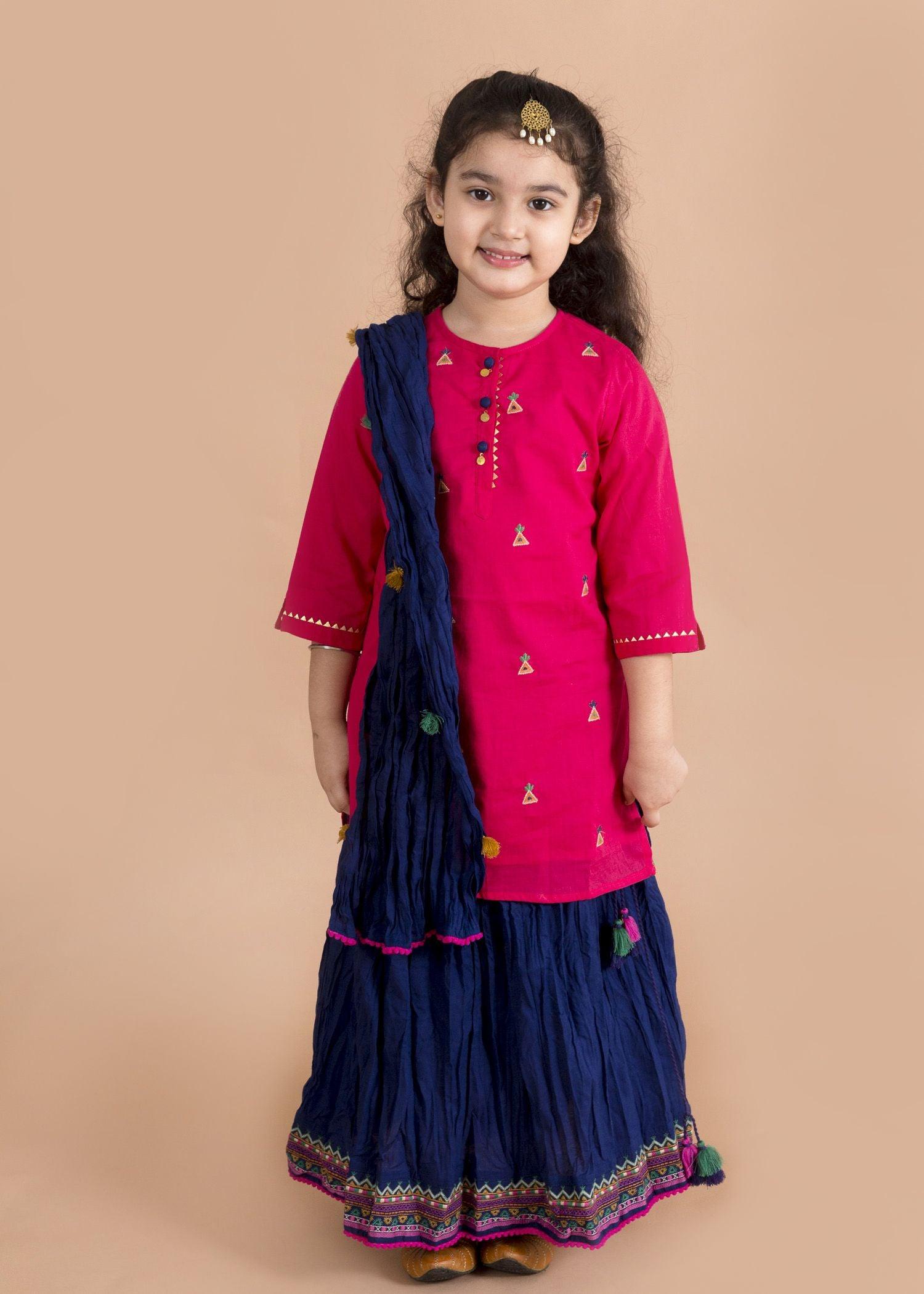 Kusum Embroidered Pink/Blue Cotton Skirt Top Set Girl (2 Years to 12 Years)