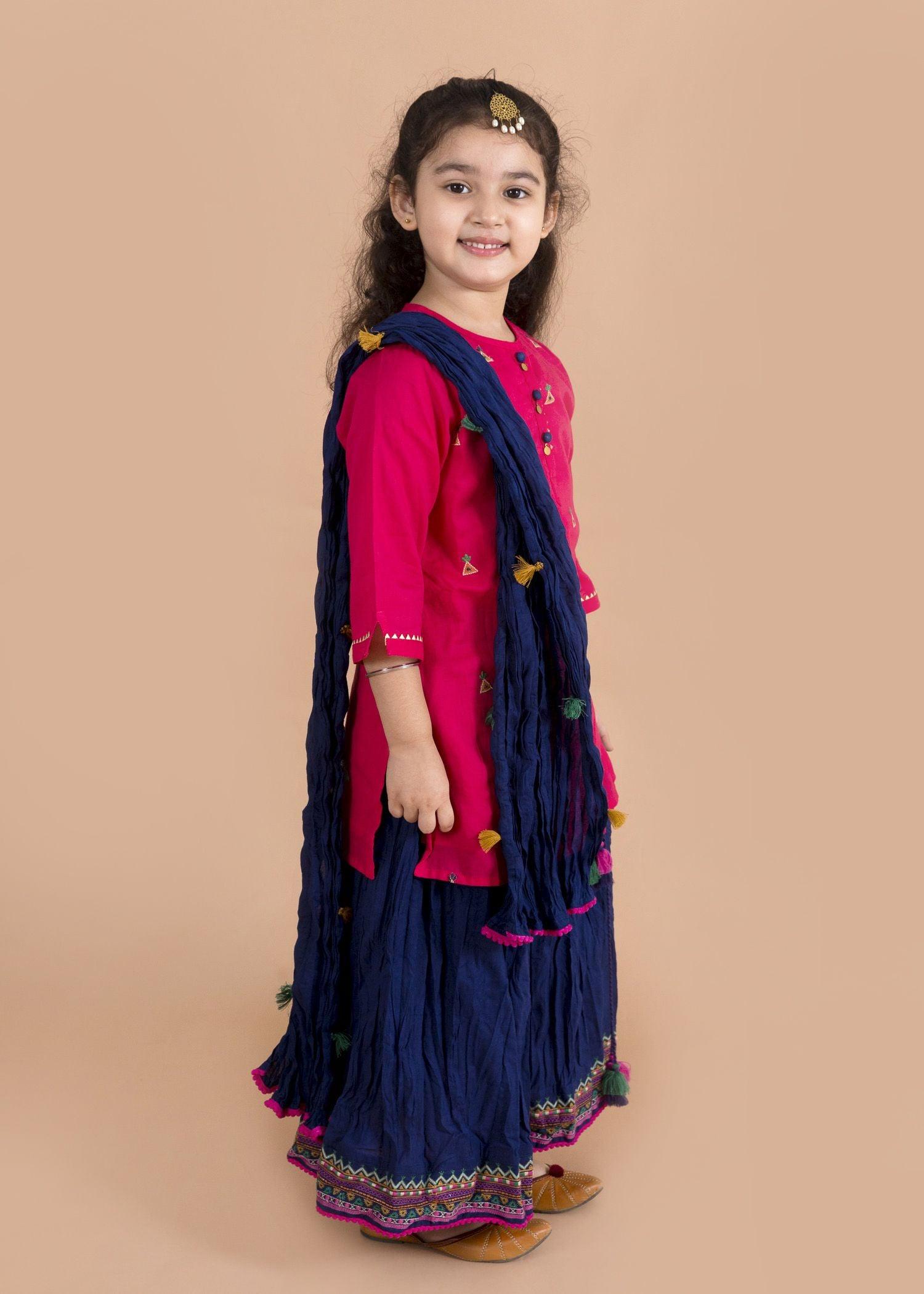 Kusum Embroidered Pink/Blue Cotton Skirt Top Set Girl (2 Years to 12 Years)