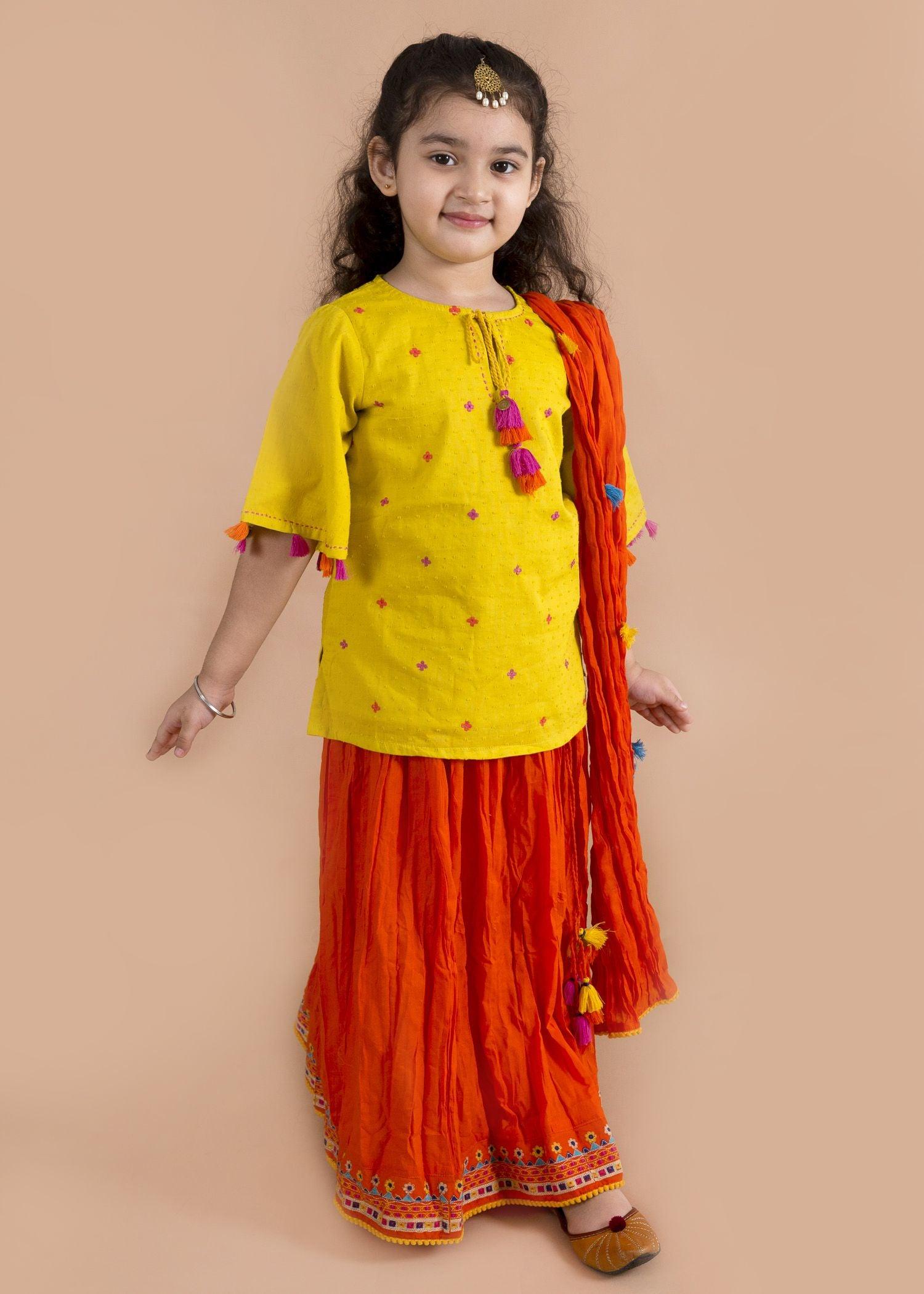 Neer Embroidered Yellow/Orange Cotton Skirt Top Set Girl (2 Years to 12 Years)