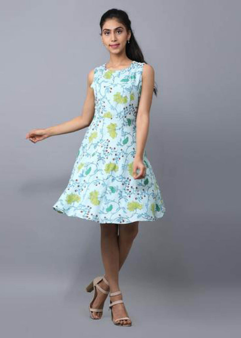 Skater Blue Hand Block Print Modal Dress